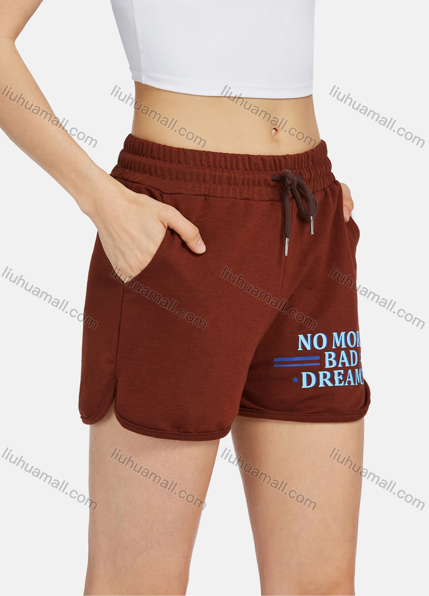 Wholesale Women's Casual Letter Print Side Slit Drawstring Shorts 2203# - Liuhuamall