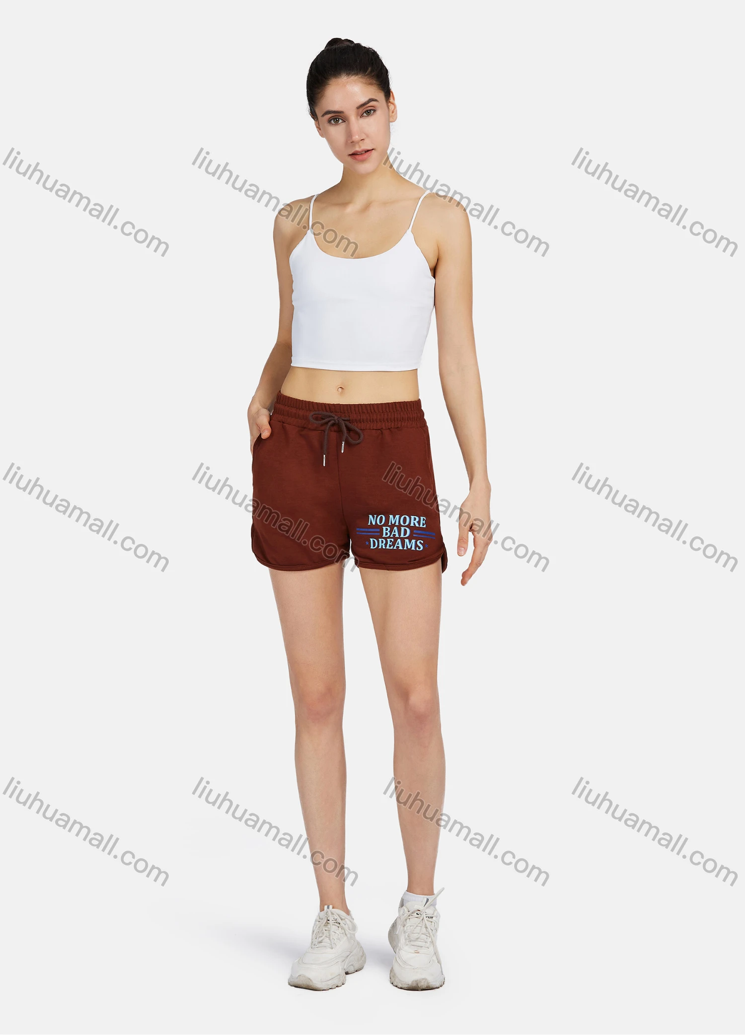 Wholesale Women's Casual Letter Print Side Slit Drawstring Shorts 2203# - Liuhuamall