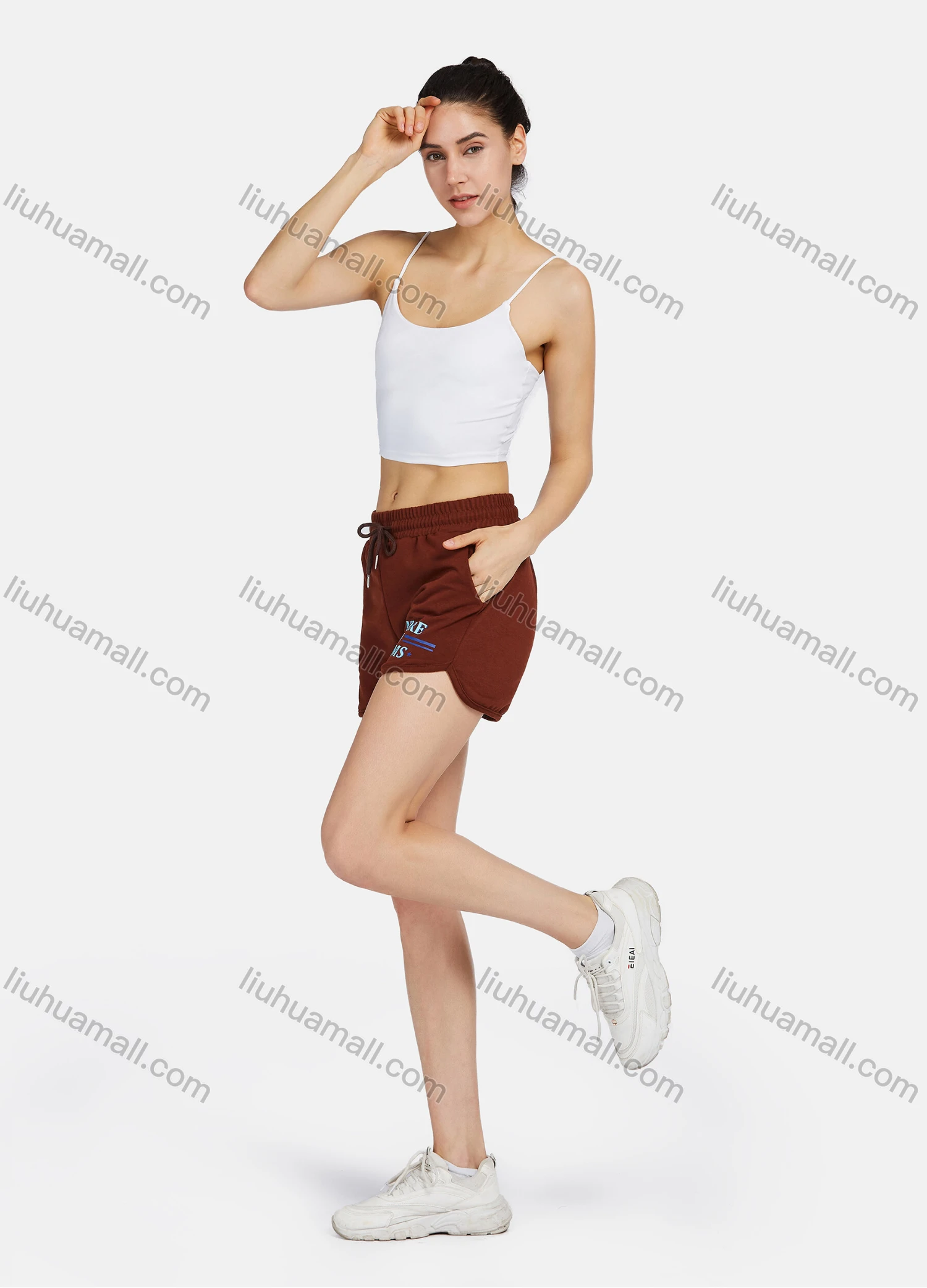 Wholesale Women's Casual Letter Print Side Slit Drawstring Shorts 2203# - Liuhuamall