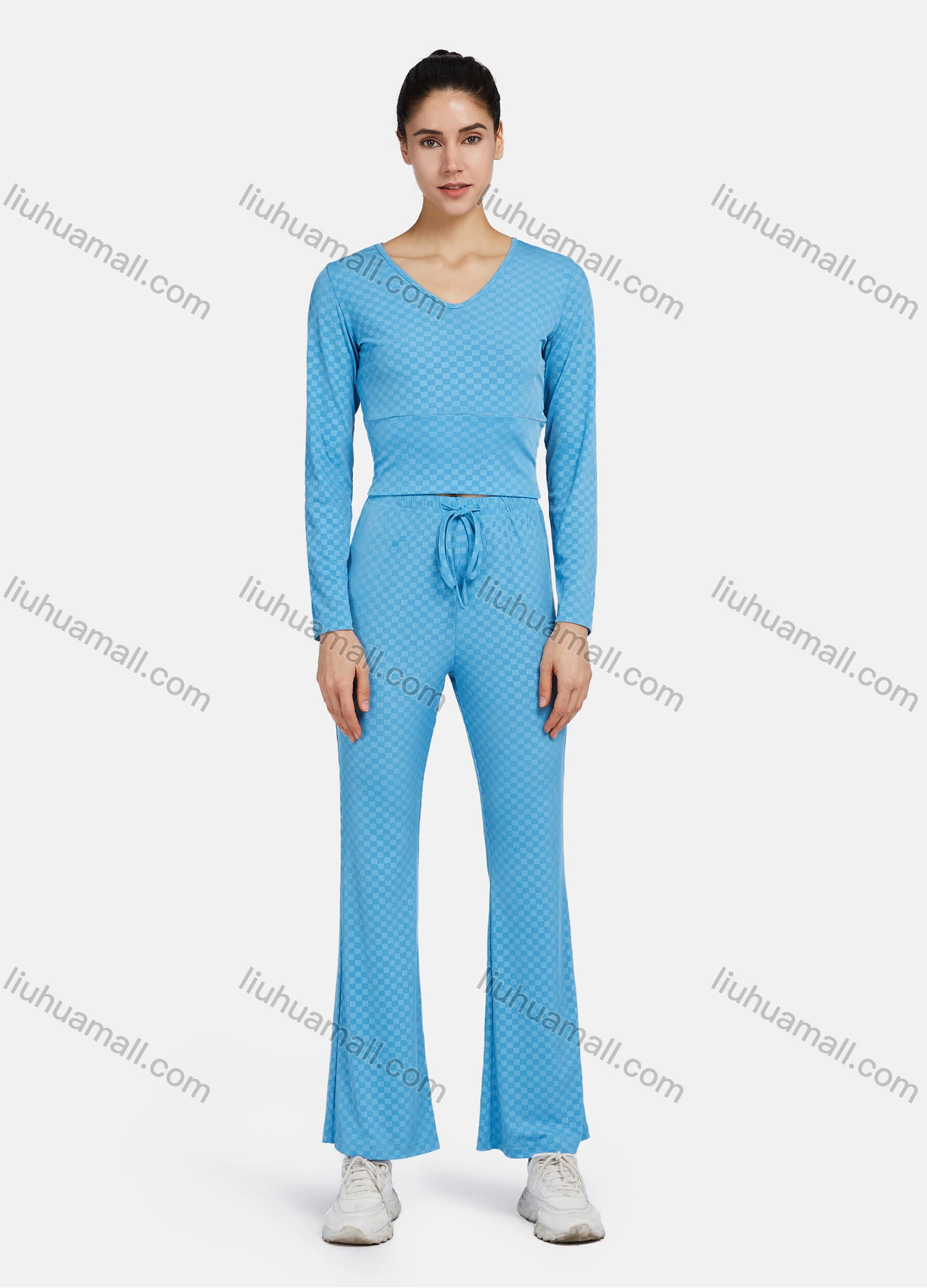 Wholesale Women's Casual Long Sleeve V Neck Checkerboard Print Crop Tops&Flared Pants 2 Piece Sets 8202# - Liuhuamall