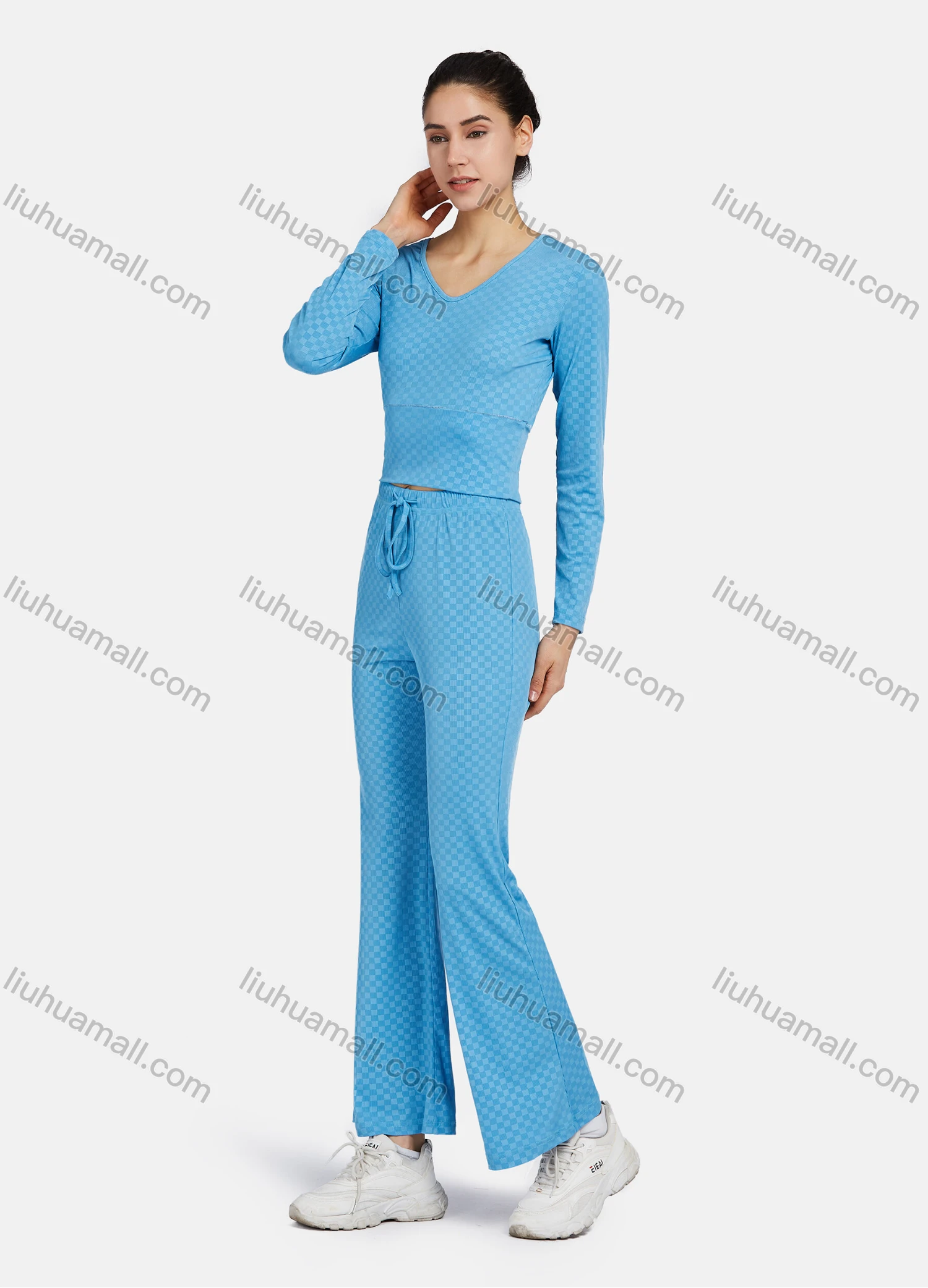 Wholesale Women's Casual Long Sleeve V Neck Checkerboard Print Crop Tops&Flared Pants 2 Piece Sets 8202# - Liuhuamall