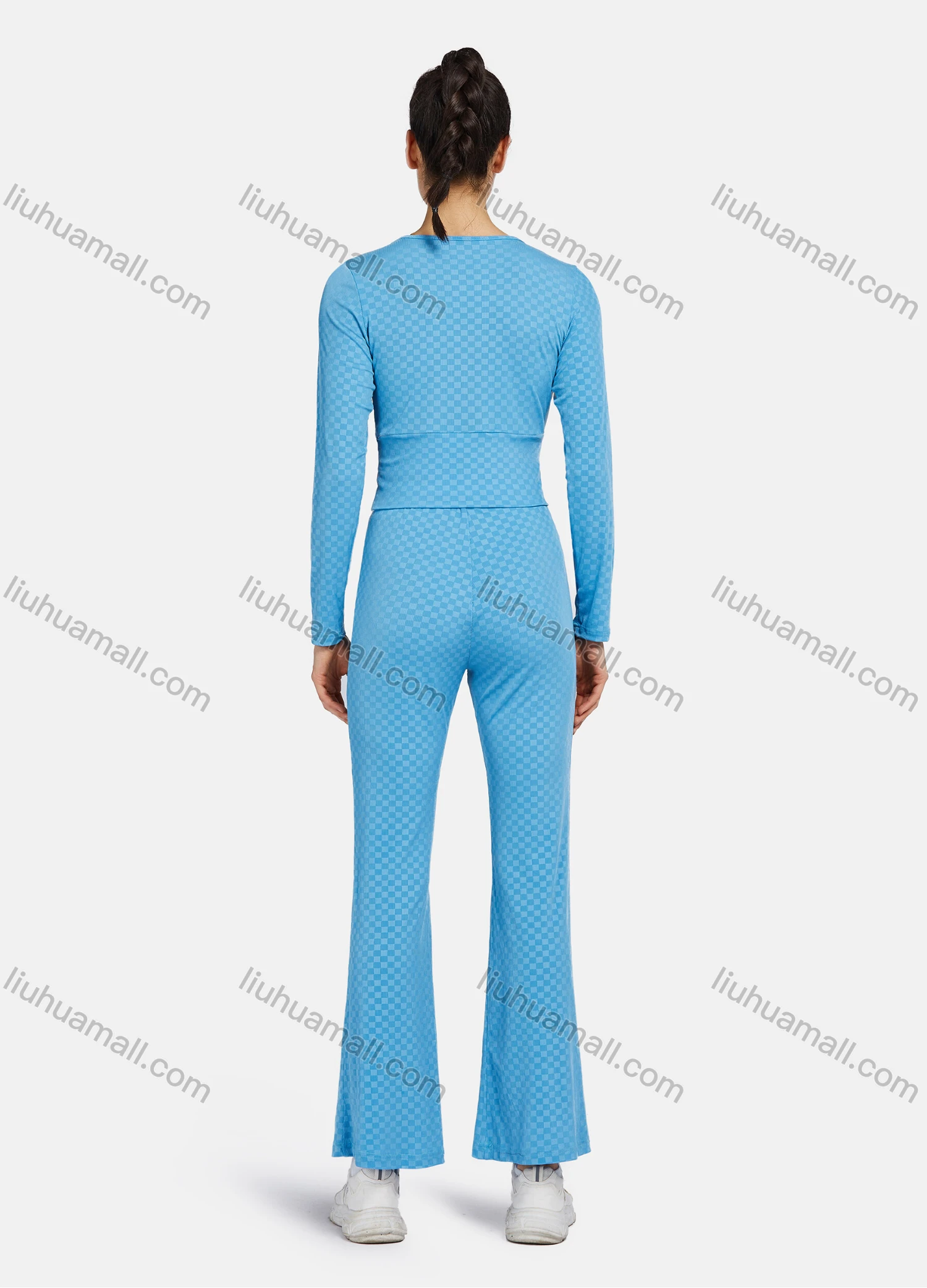 Wholesale Women's Casual Long Sleeve V Neck Checkerboard Print Crop Tops&Flared Pants 2 Piece Sets 8202# - Liuhuamall