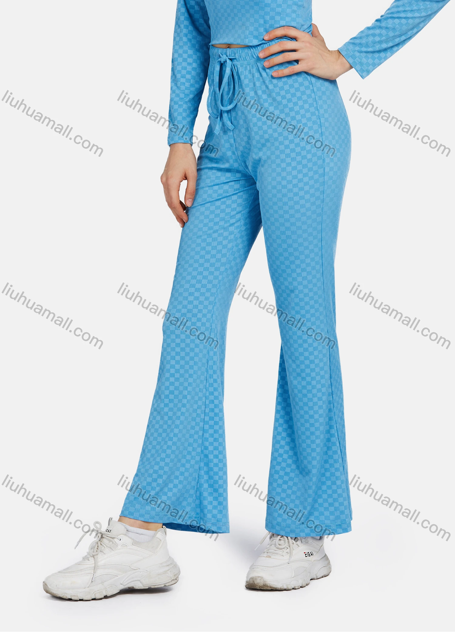 Wholesale Women's Casual Long Sleeve V Neck Checkerboard Print Crop Tops&Flared Pants 2 Piece Sets 8202# - Liuhuamall