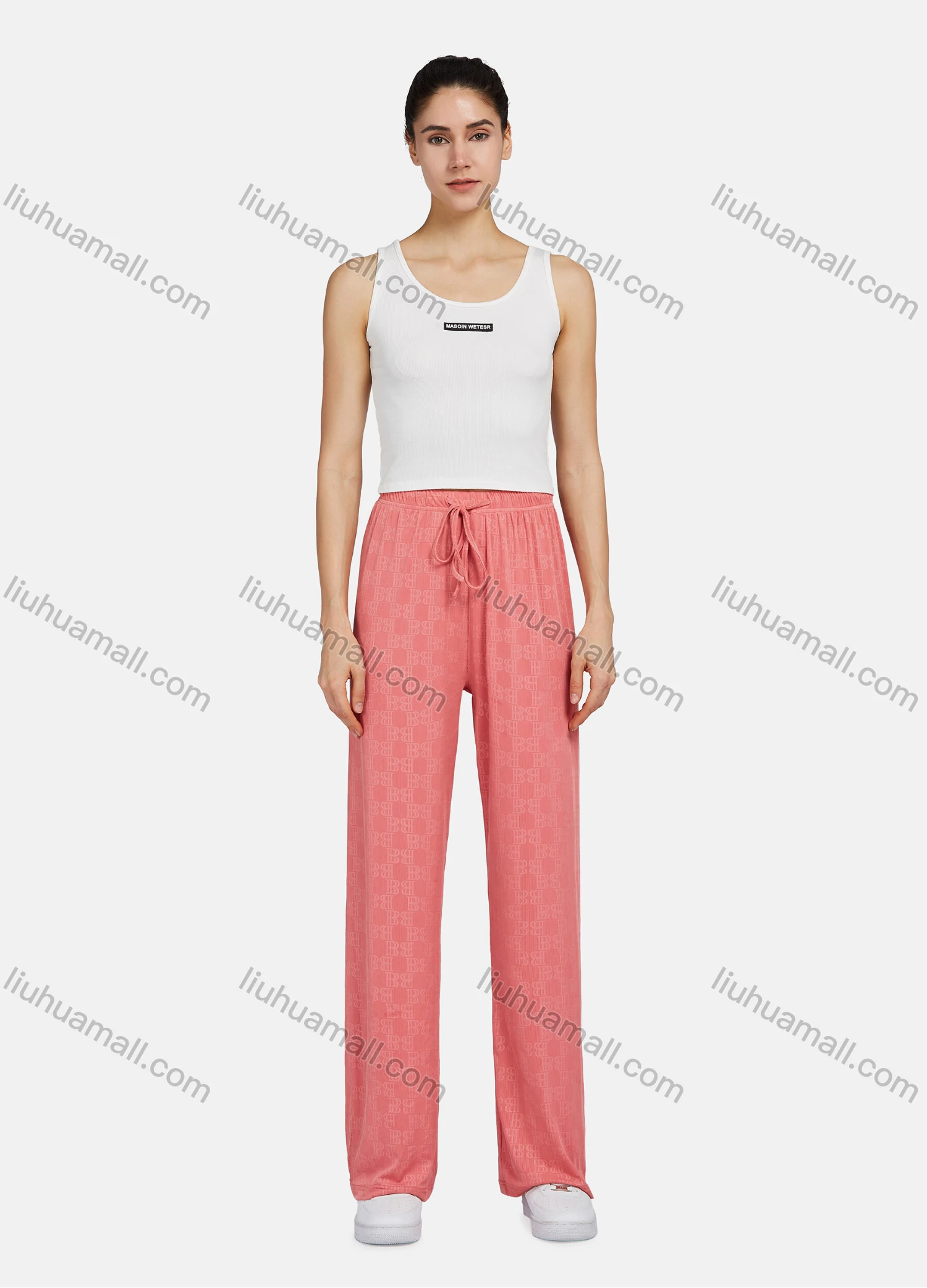 Wholesale Women's Casual Letter Print Drawstring Wide Leg Pants 8204# - Liuhuamall