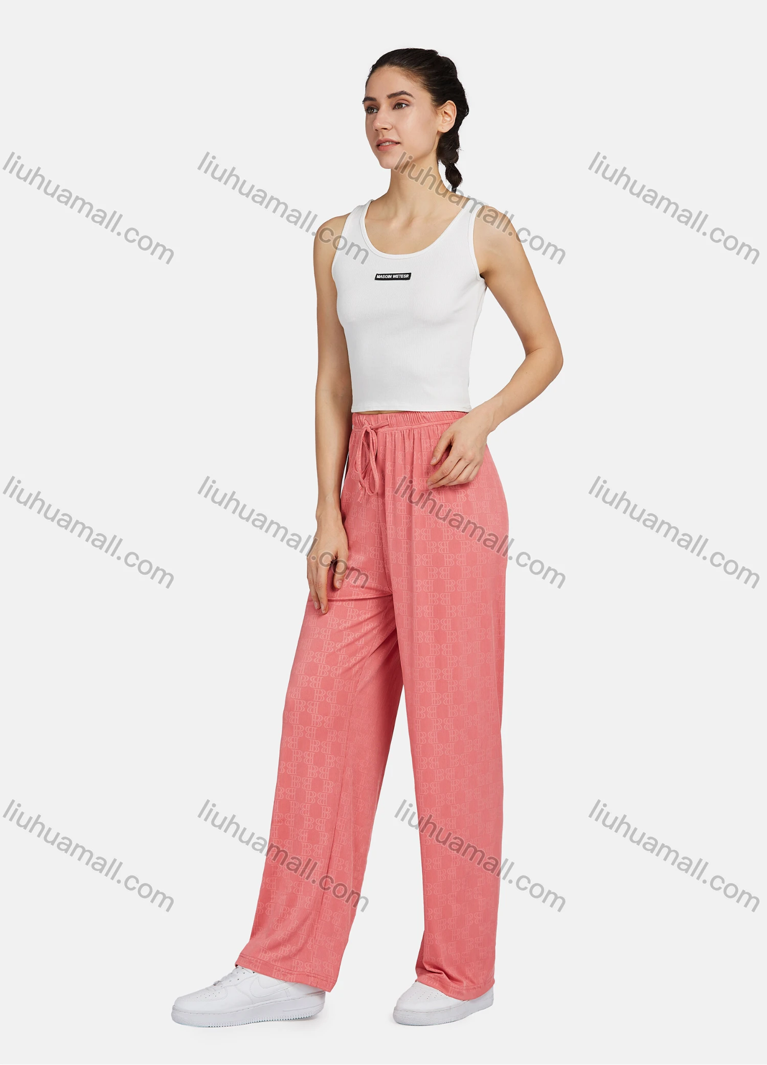 Wholesale Women's Casual Letter Print Drawstring Wide Leg Pants 8204# - Liuhuamall