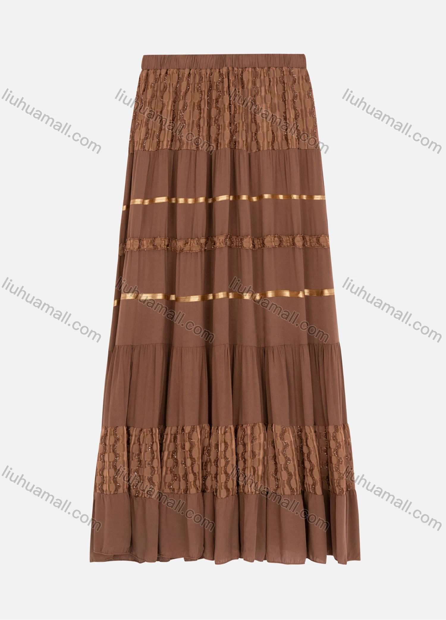 Wholesale Women's Elastic Waist Layered Patchwork Ruffle Hem Casual Maxi Skirt 1886# - Liuhuamall