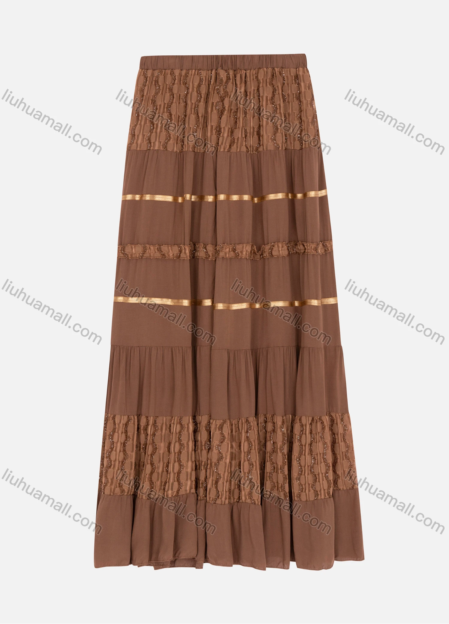 Wholesale Women's Elastic Waist Layered Patchwork Ruffle Hem Casual Maxi Skirt 1886# - Liuhuamall
