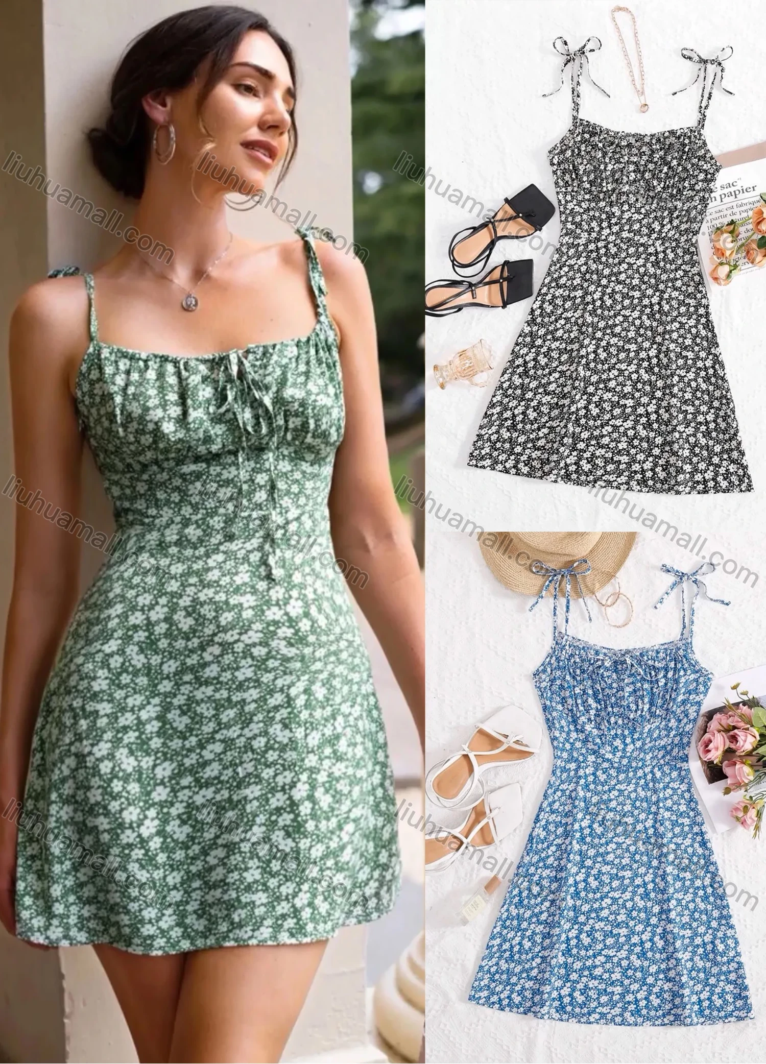 Wholesale Women's Bowknot Spaghetti Strap Lace Up Allover Print Cami Dress - Liuhuamall