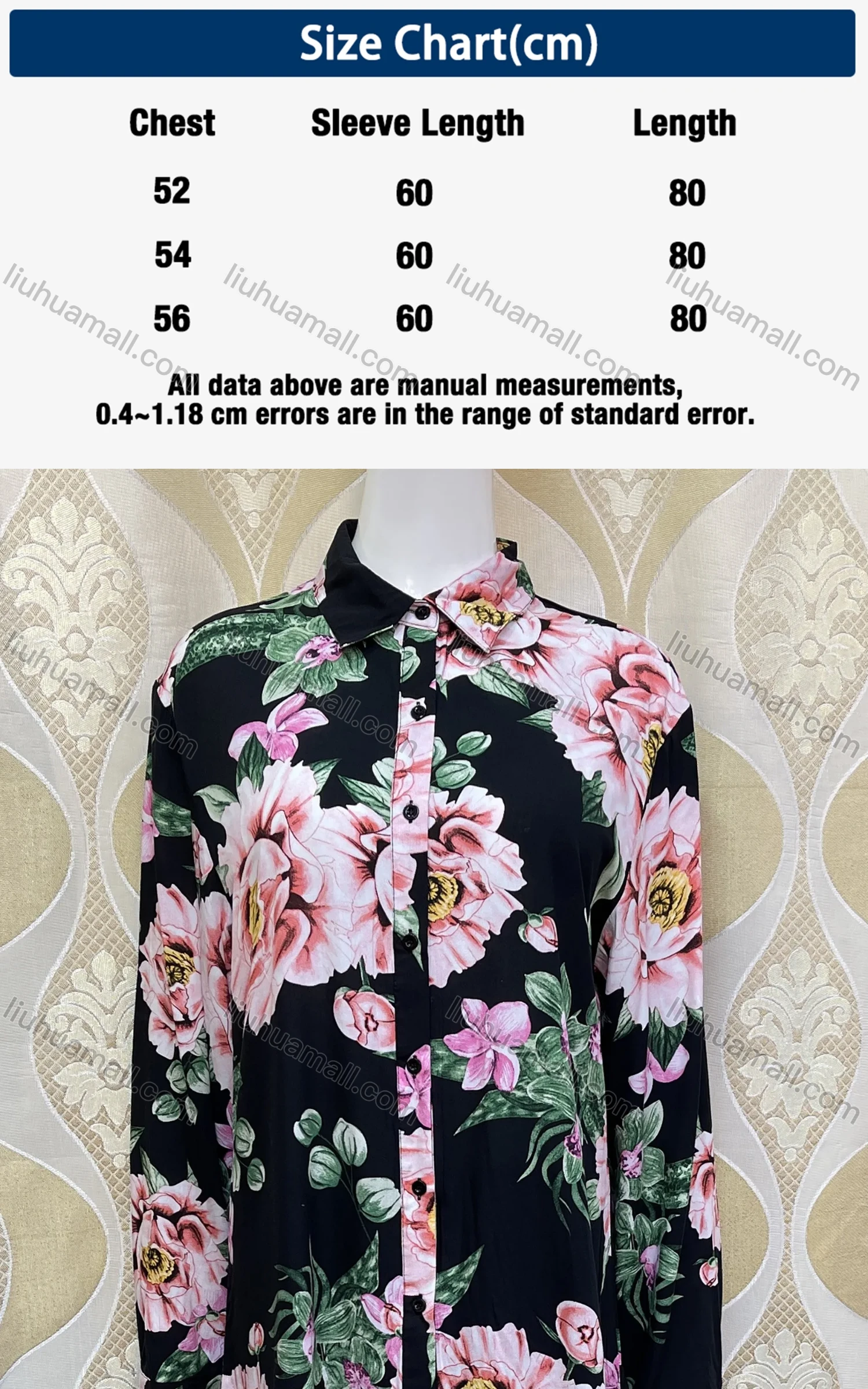 Wholesale Women's Casual Collared Long Sleeve Floral Print Button Down Mid Length Shirt H78# - Liuhuamall