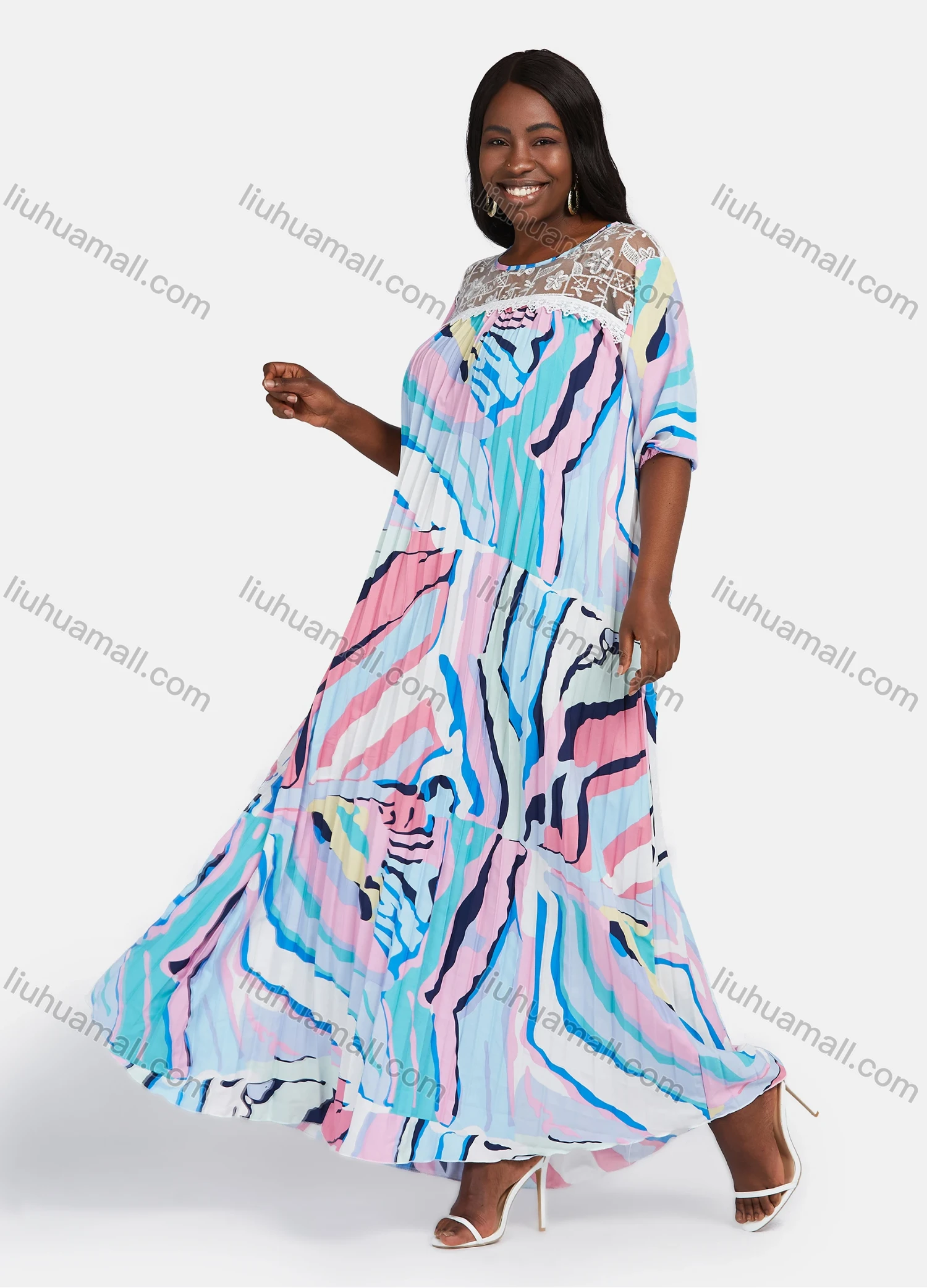 Wholesale Women's Plus Size Abstract Print Splicing Sheer Lace Embroidery Pleated Hem Maxi Dress DZ-706# - Liuhuamall