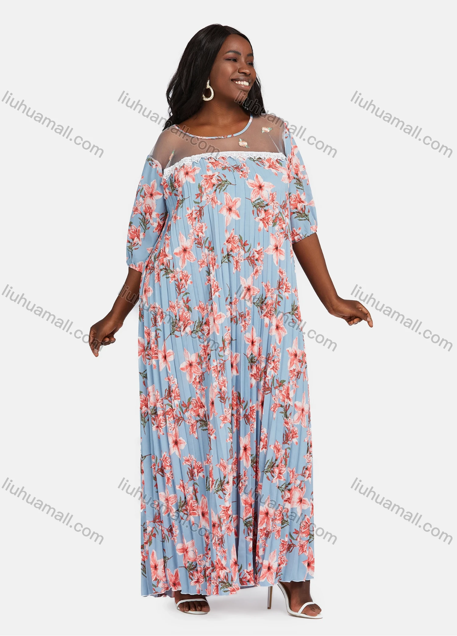 Wholesale Women's Plus Size Crew Neck Floral Print Sheer Lace Pleated Hem Maxi Dress DZ-717# - Liuhuamall