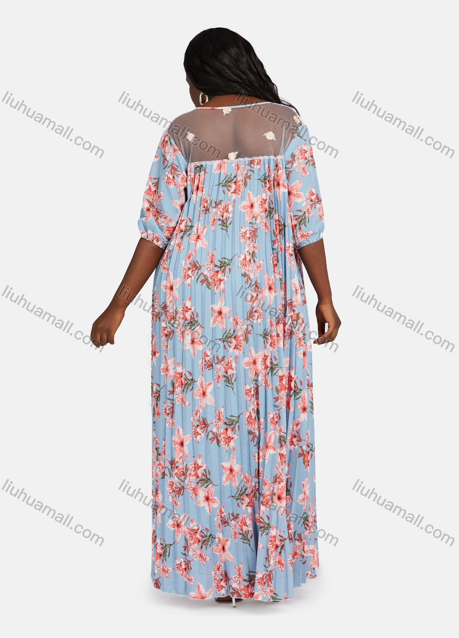 Wholesale Women's Plus Size Crew Neck Floral Print Sheer Lace Pleated Hem Maxi Dress DZ-717# - Liuhuamall