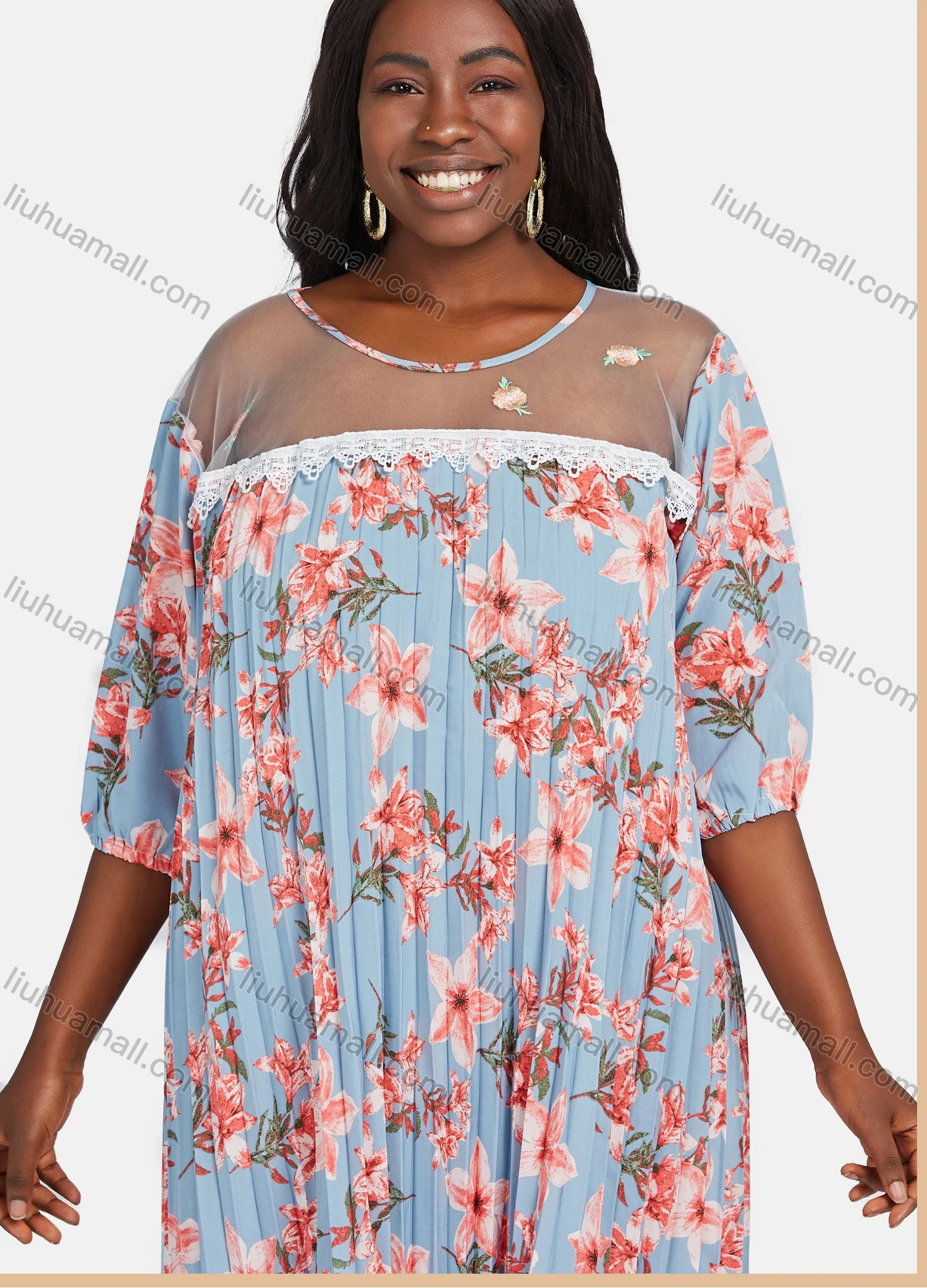Wholesale Women's Plus Size Crew Neck Floral Print Sheer Lace Pleated Hem Maxi Dress DZ-717# - Liuhuamall