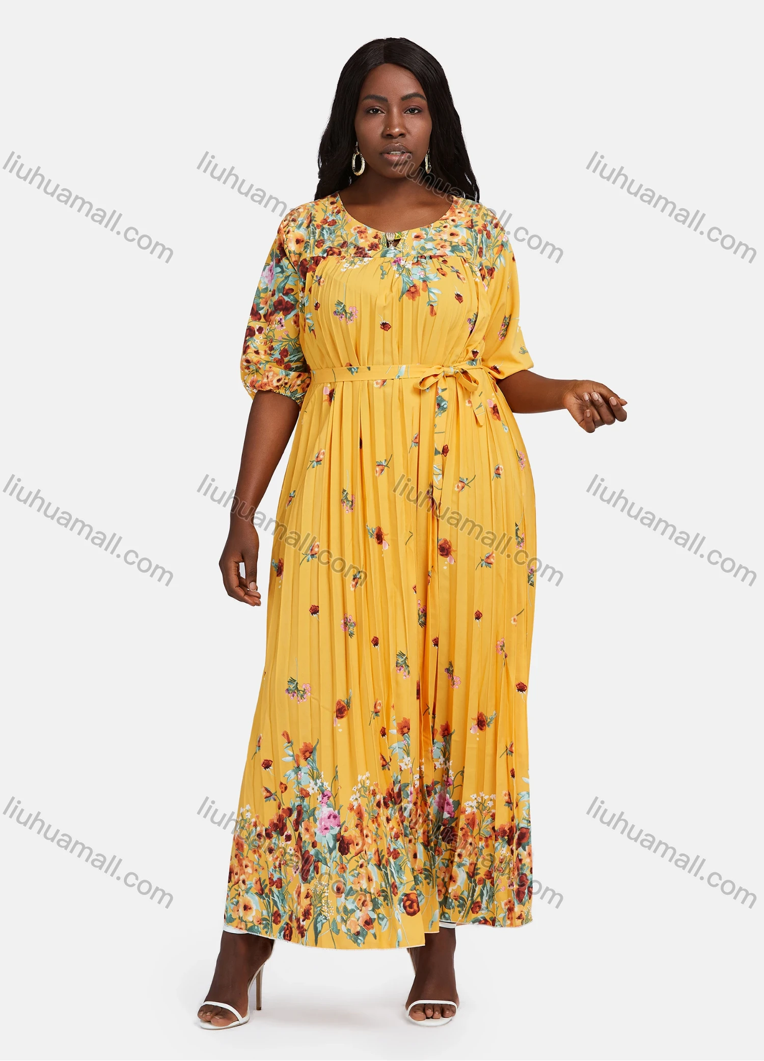Wholesale Women's Plus Size Crew Neck Floral Print Pleated Hem Maxi Dress With Belt DZ-697# - Liuhuamall
