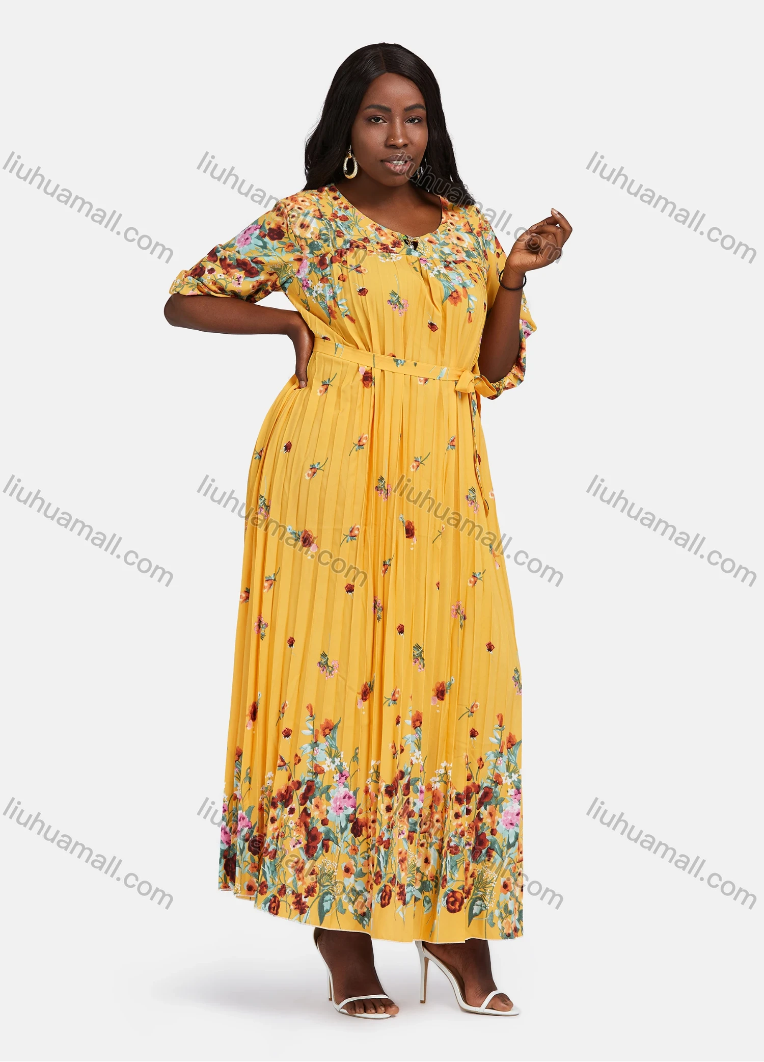 Wholesale Women's Plus Size Crew Neck Floral Print Pleated Hem Maxi Dress With Belt DZ-697# - Liuhuamall