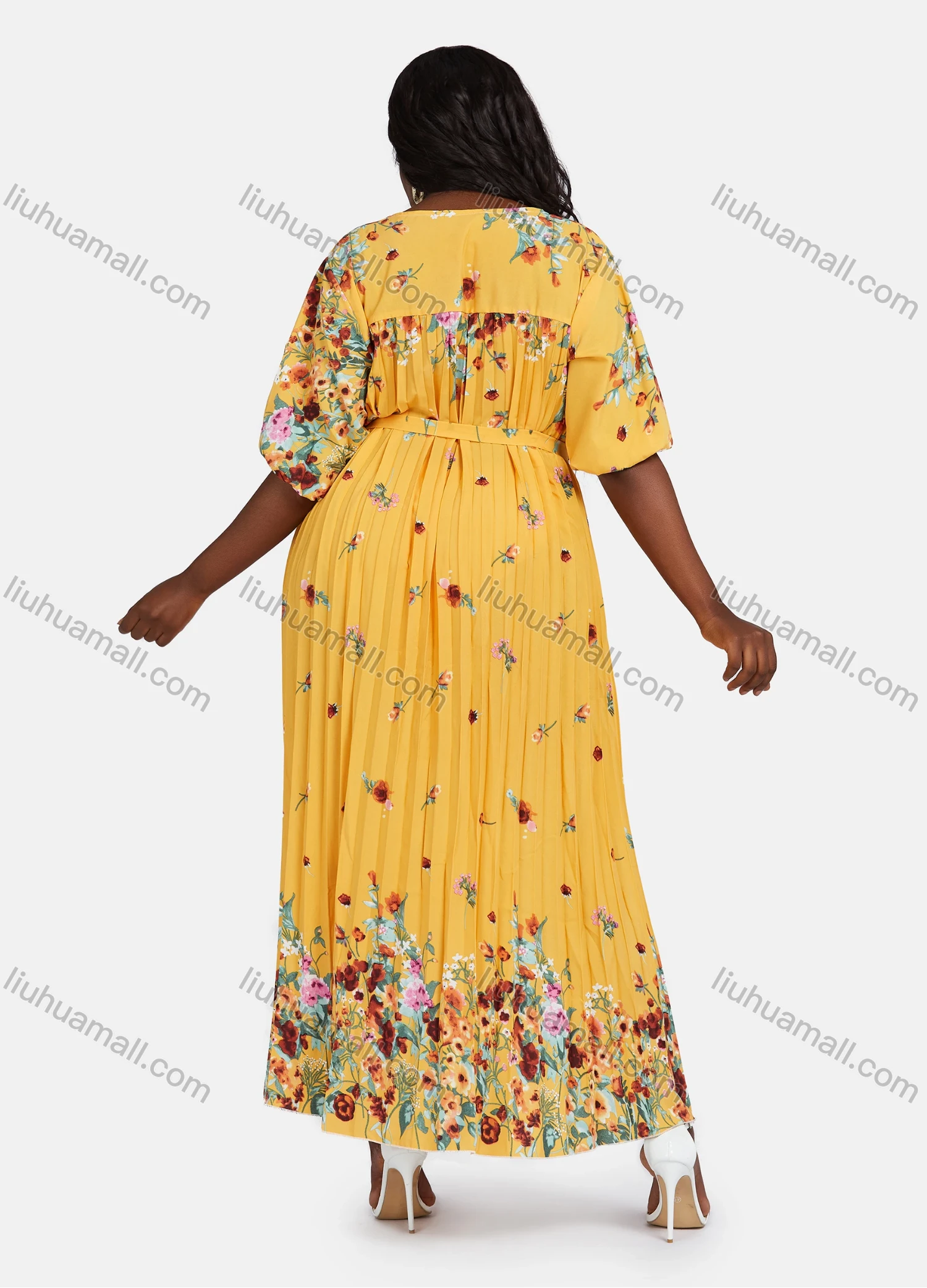 Wholesale Women's Plus Size Crew Neck Floral Print Pleated Hem Maxi Dress With Belt DZ-697# - Liuhuamall