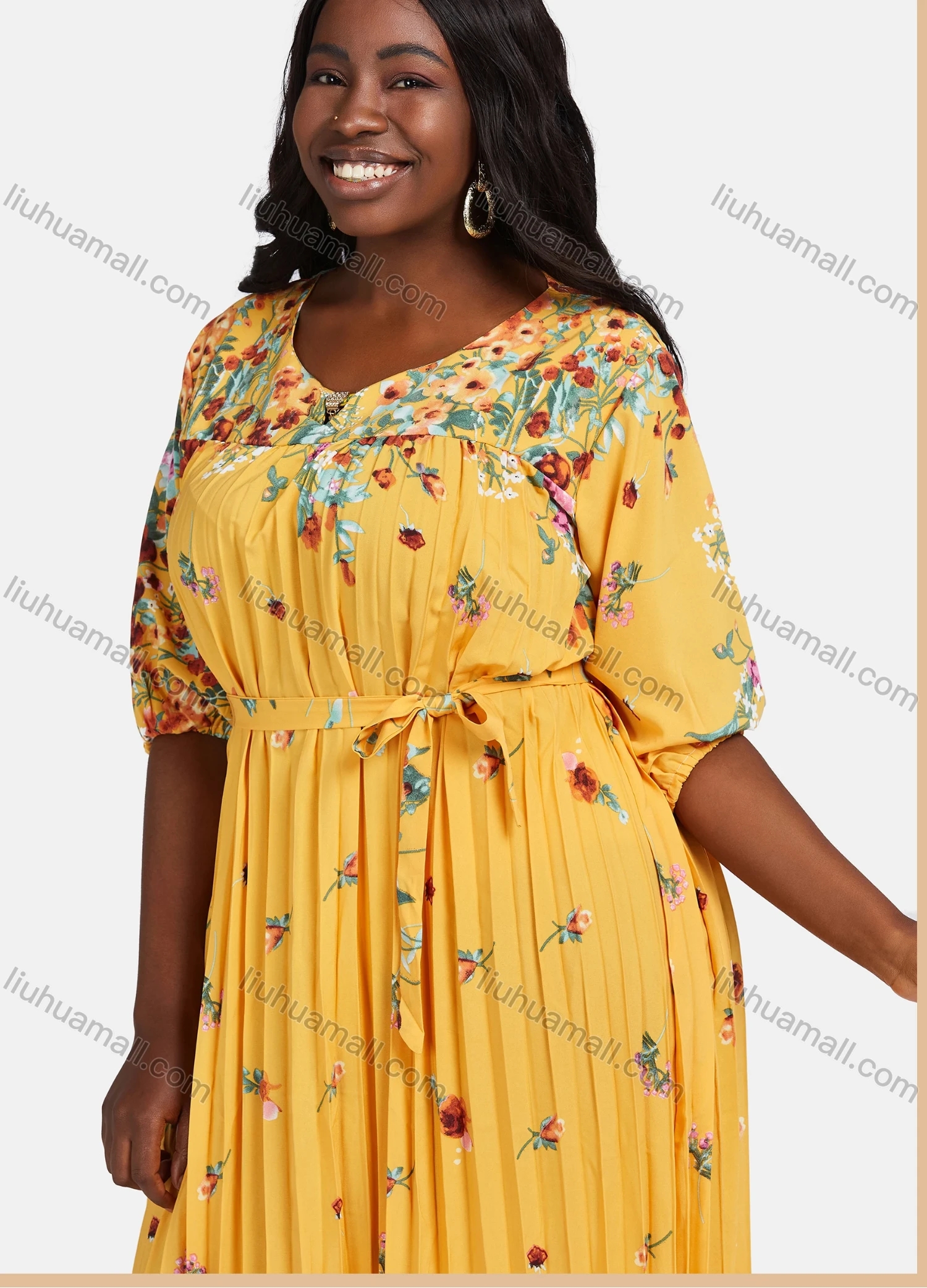 Wholesale Women's Plus Size Crew Neck Floral Print Pleated Hem Maxi Dress With Belt DZ-697# - Liuhuamall