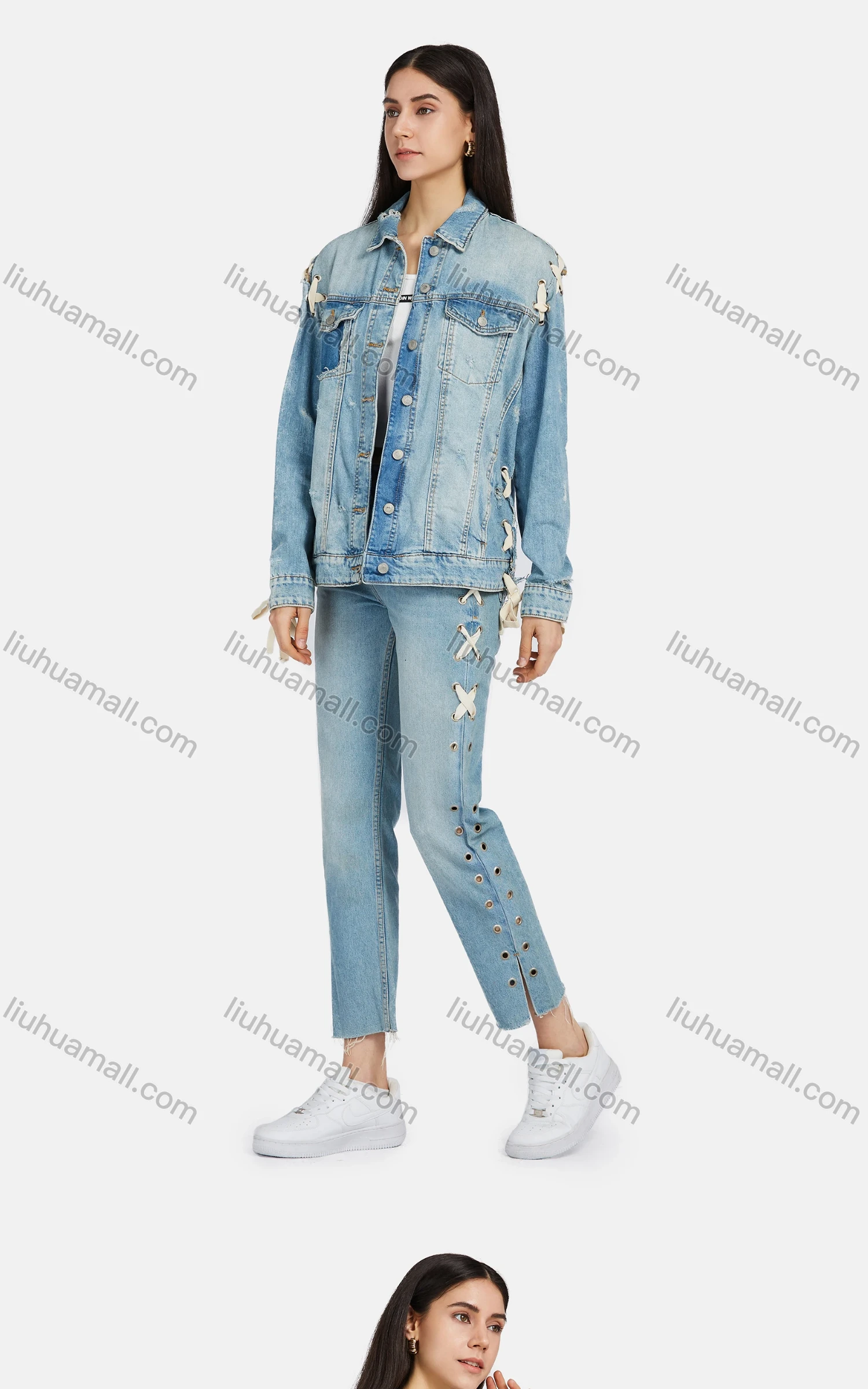 Wholesale Women's Fashion Plain Lace Up Metal Ring Side Wash Distressed Pocket Jeans 970720# - Liuhuamall