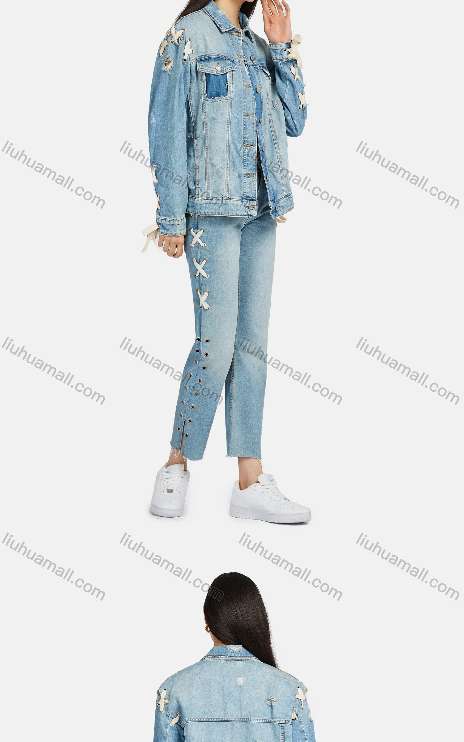 Wholesale Women's Fashion Plain Lace Up Metal Ring Side Wash Distressed Pocket Jeans 970720# - Liuhuamall