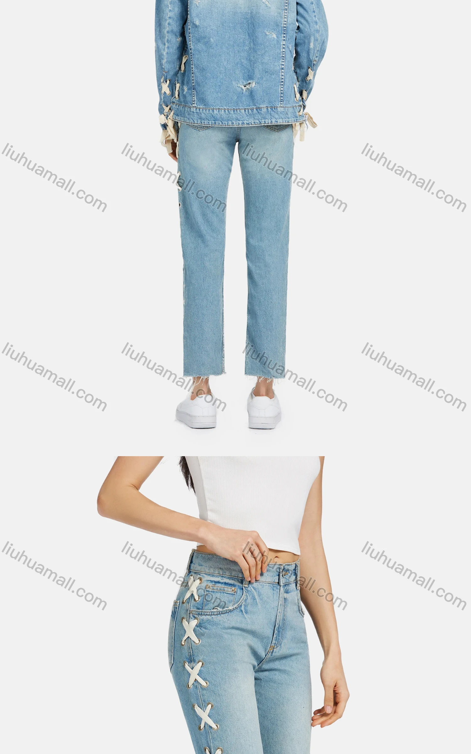 Wholesale Women's Fashion Plain Lace Up Metal Ring Side Wash Distressed Pocket Jeans 970720# - Liuhuamall