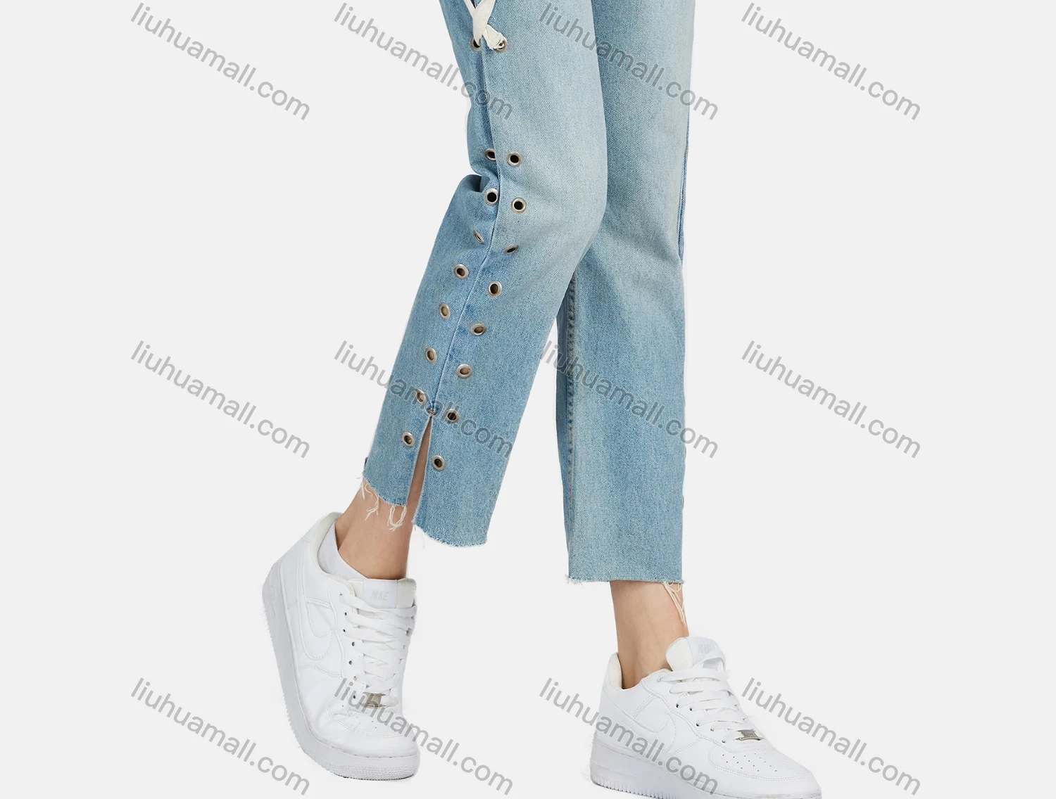 Wholesale Women's Fashion Plain Lace Up Metal Ring Side Wash Distressed Pocket Jeans 970720# - Liuhuamall