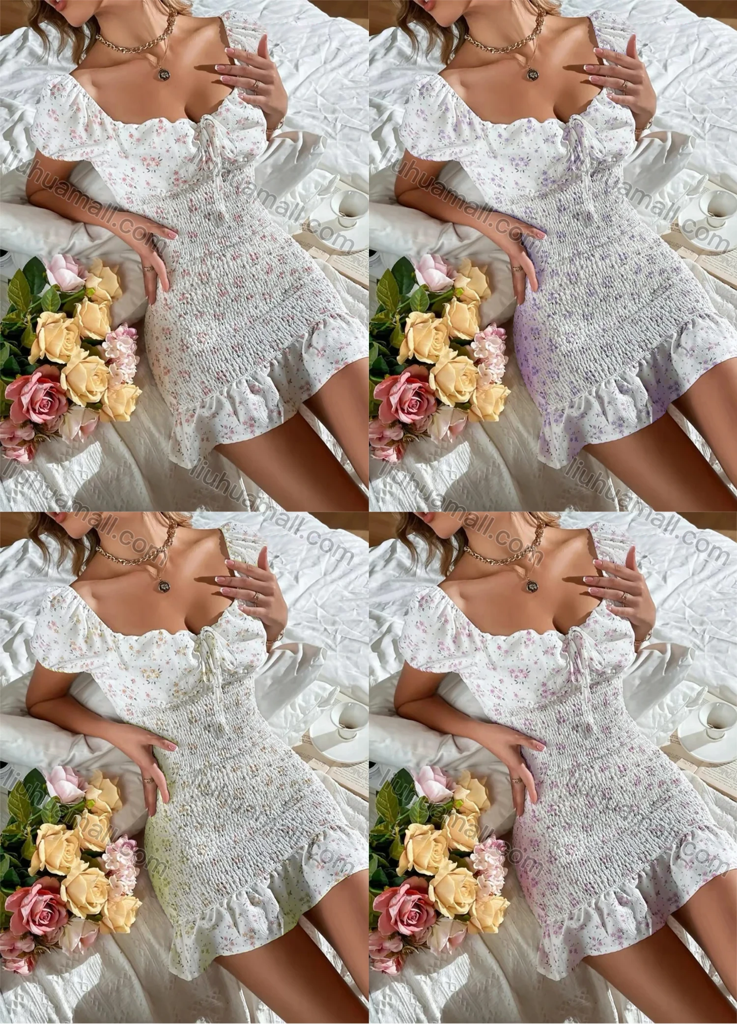 Wholesale Women's Sexy Sweetheart Neck Short Sleeve Tie Front Floral Print Shirred Bodycon Short Dress AY100# - Liuhuamall