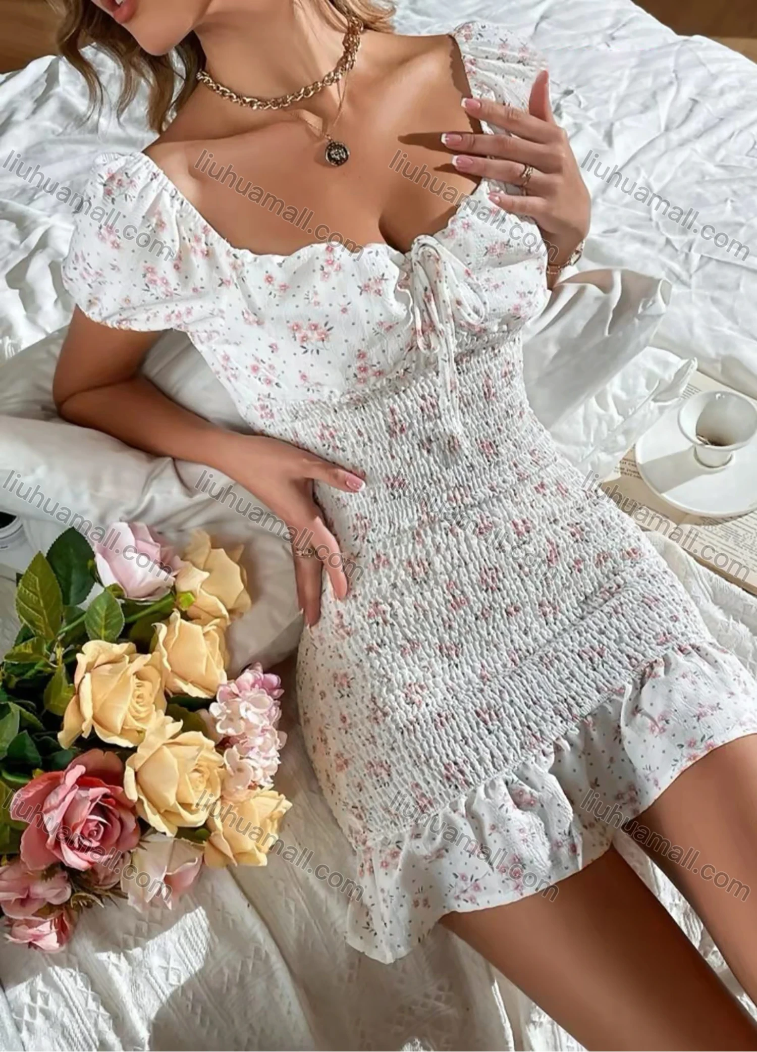 Wholesale Women's Sexy Sweetheart Neck Short Sleeve Tie Front Floral Print Shirred Bodycon Short Dress AY100# - Liuhuamall