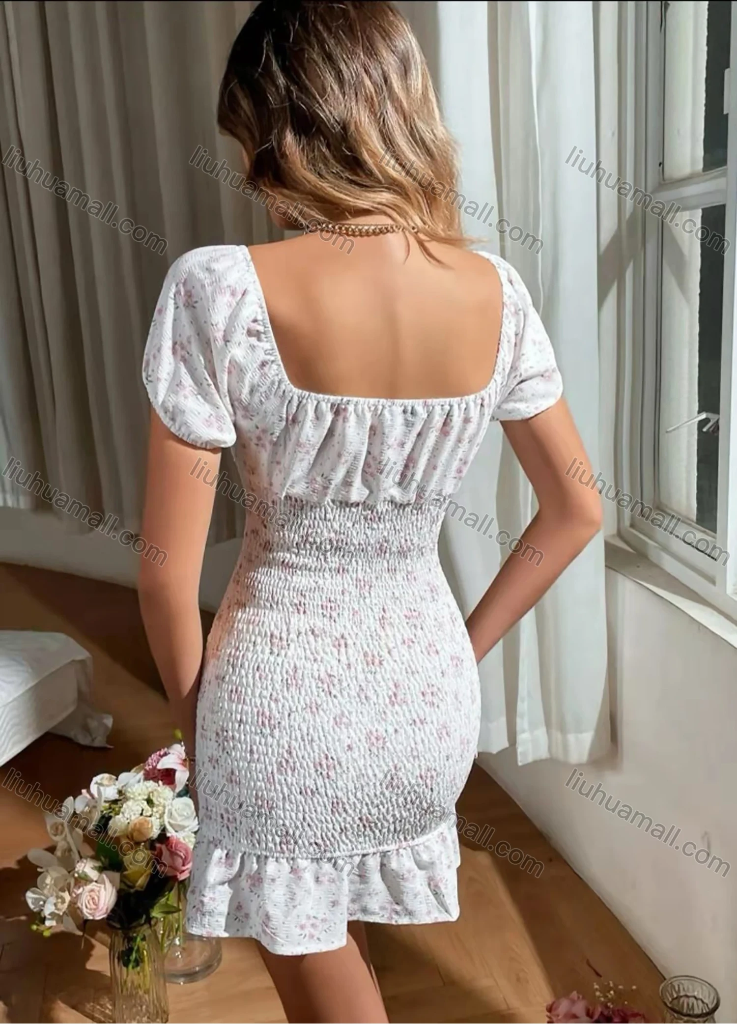 Wholesale Women's Sexy Sweetheart Neck Short Sleeve Tie Front Floral Print Shirred Bodycon Short Dress AY100# - Liuhuamall