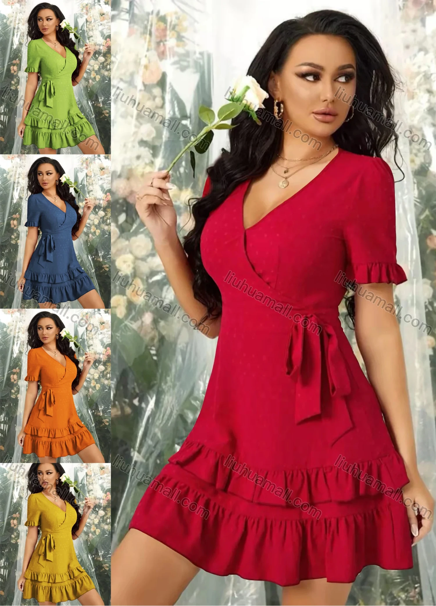 Wholesale Women's Casual Short Sleeve Wrap V Neck Layered Ruffle Hem Dress AY102# - Liuhuamall