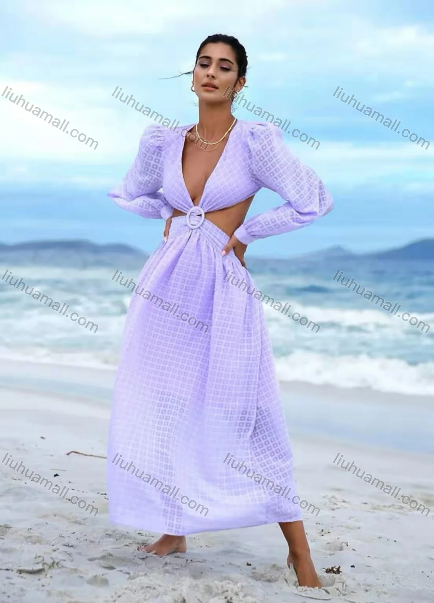 Wholesale Women's Sexy Long Sleeve O-Ring Allover Print Cutout Backless Maxi Dress AY103# - Liuhuamall
