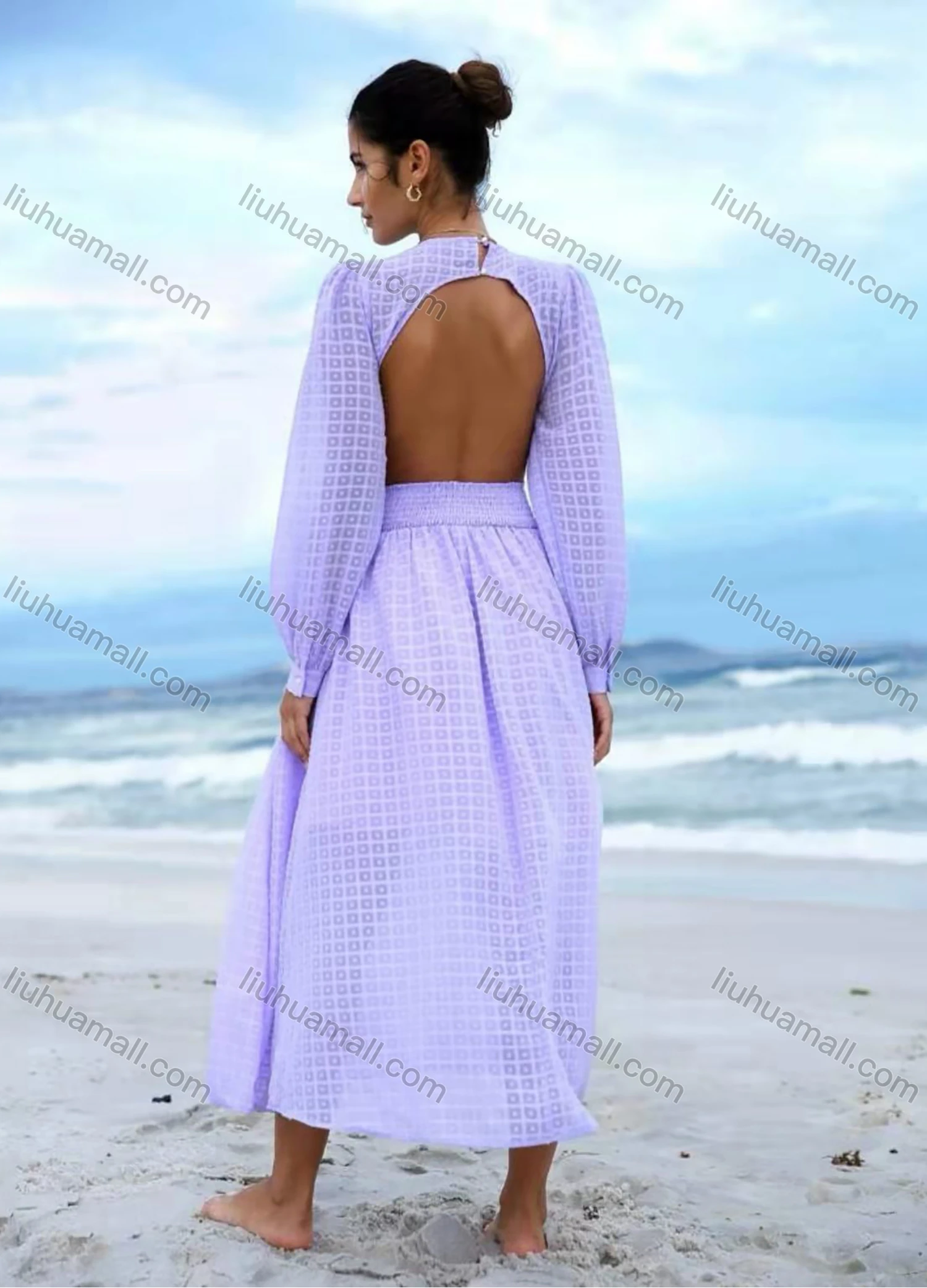 Wholesale Women's Sexy Long Sleeve O-Ring Allover Print Cutout Backless Maxi Dress AY103# - Liuhuamall
