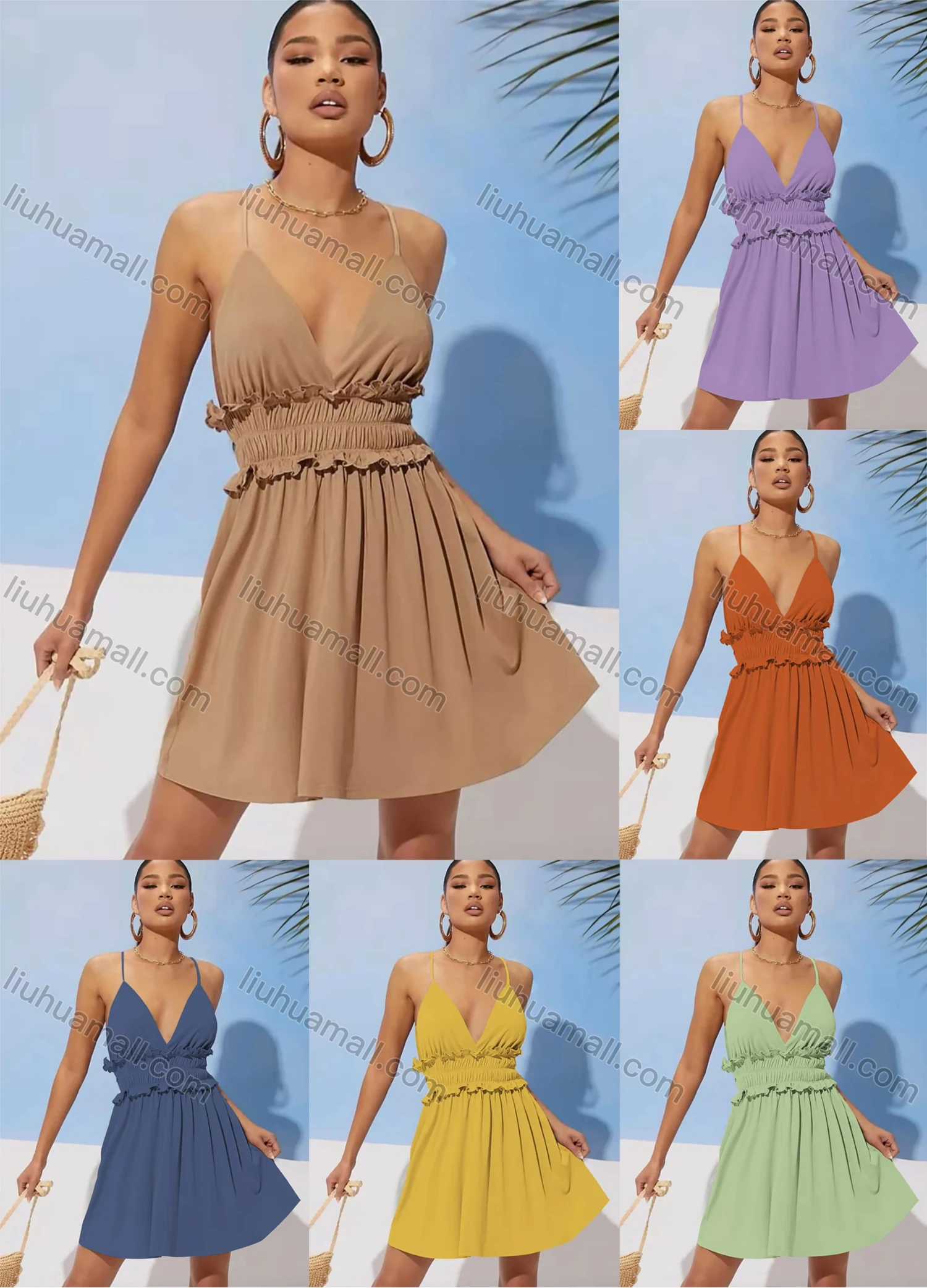 Wholesale Women's Sexy Spaghetti Strap Plunge Neck Ruffle Trim Shired Waist Cami Short Dress AY104# - Liuhuamall