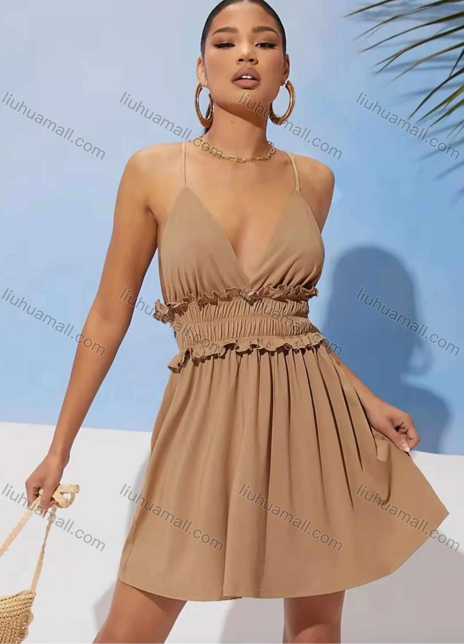 Wholesale Women's Sexy Spaghetti Strap Plunge Neck Ruffle Trim Shired Waist Cami Short Dress AY104# - Liuhuamall