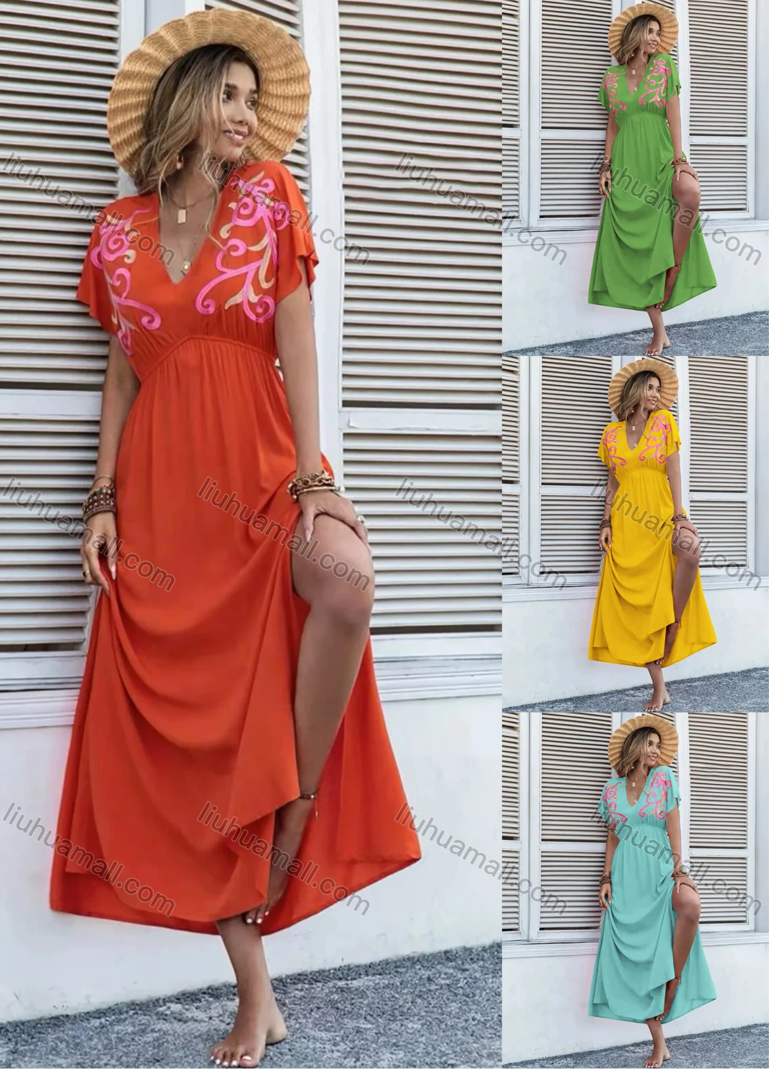 Wholesale Women's Boho V Neck Short Sleeve Floral Print Side Slit Midi Dress AY108# - Liuhuamall