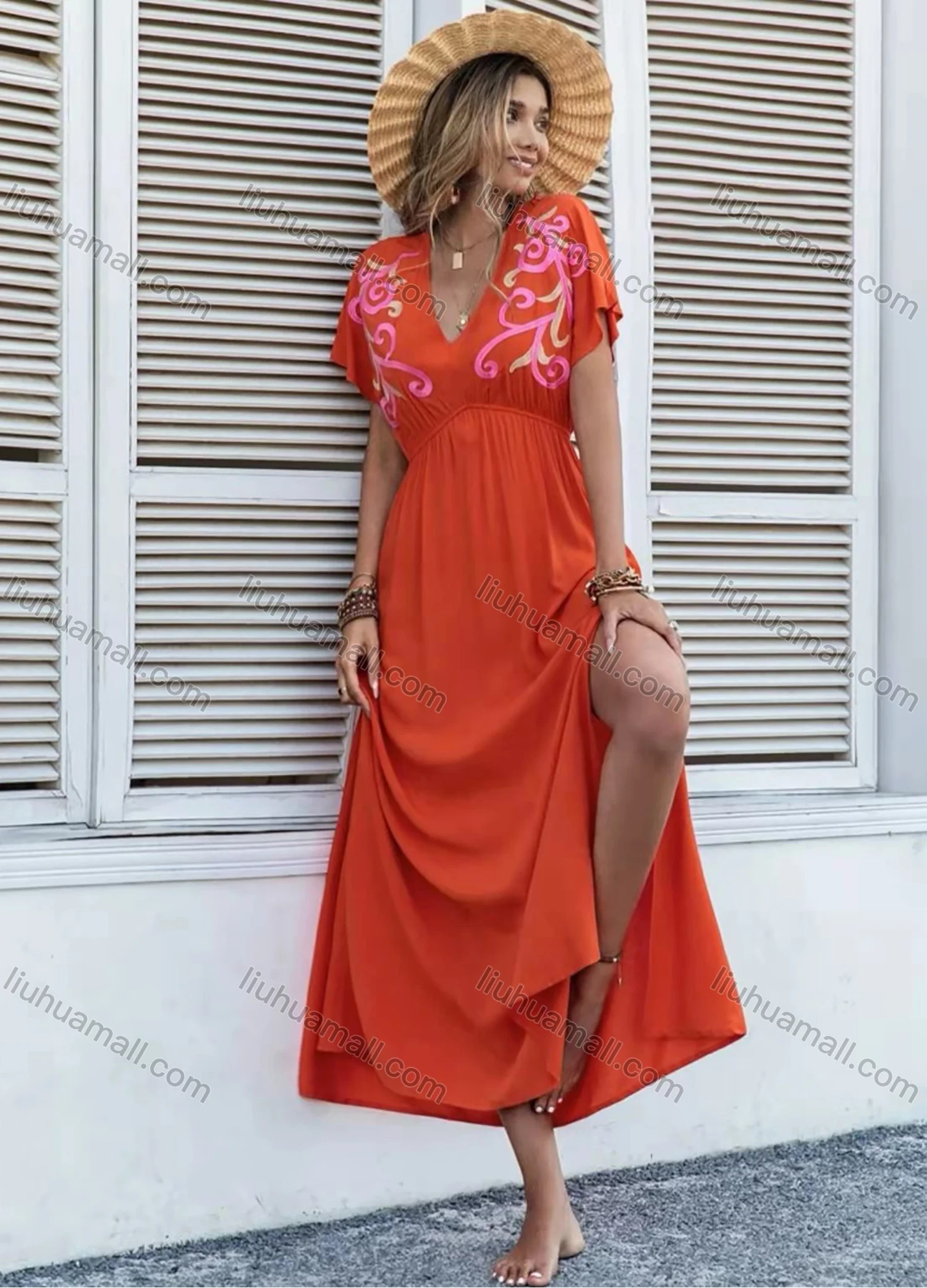 Wholesale Women's Boho V Neck Short Sleeve Floral Print Side Slit Midi Dress AY108# - Liuhuamall