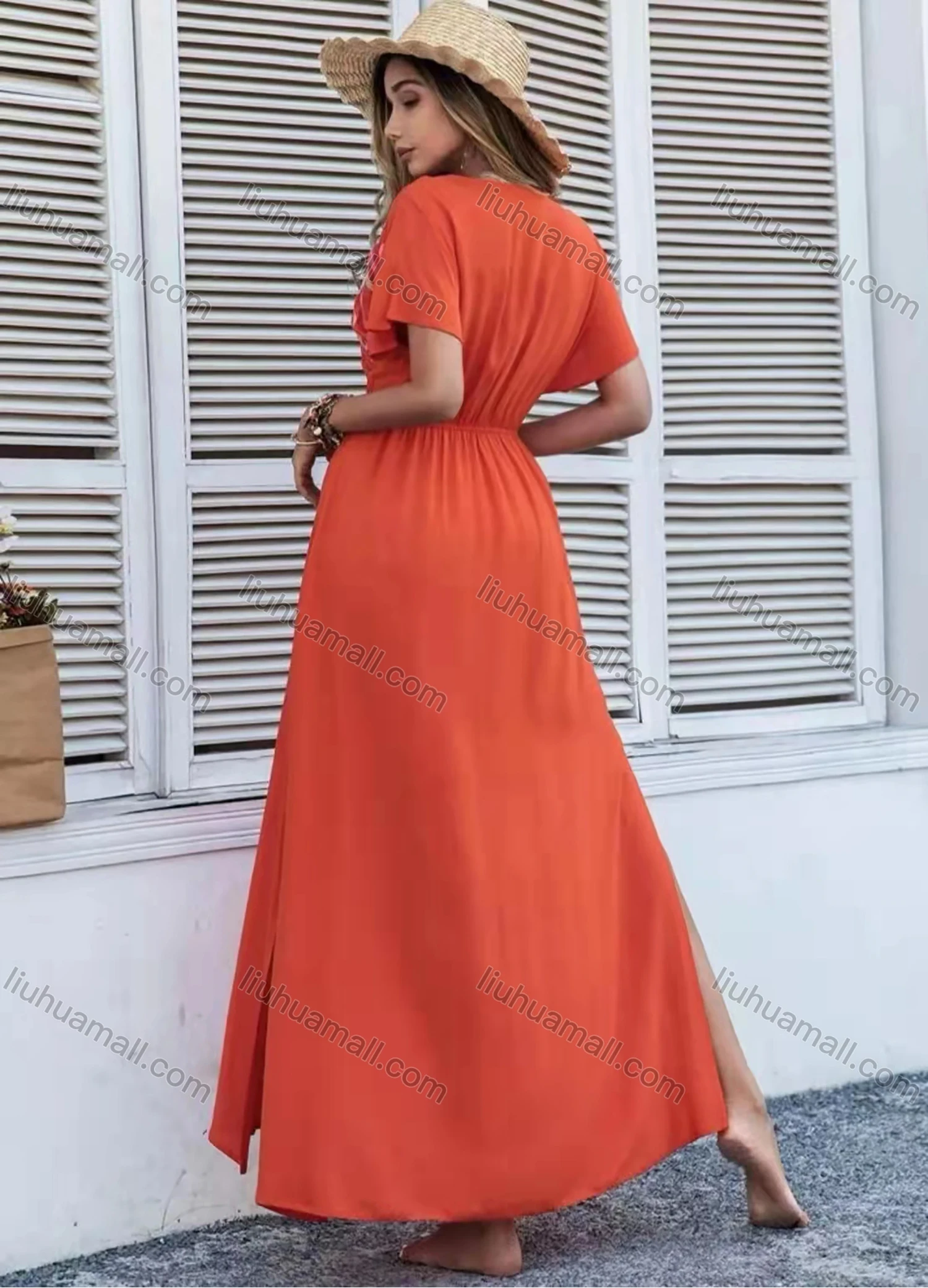 Wholesale Women's Boho V Neck Short Sleeve Floral Print Side Slit Midi Dress AY108# - Liuhuamall