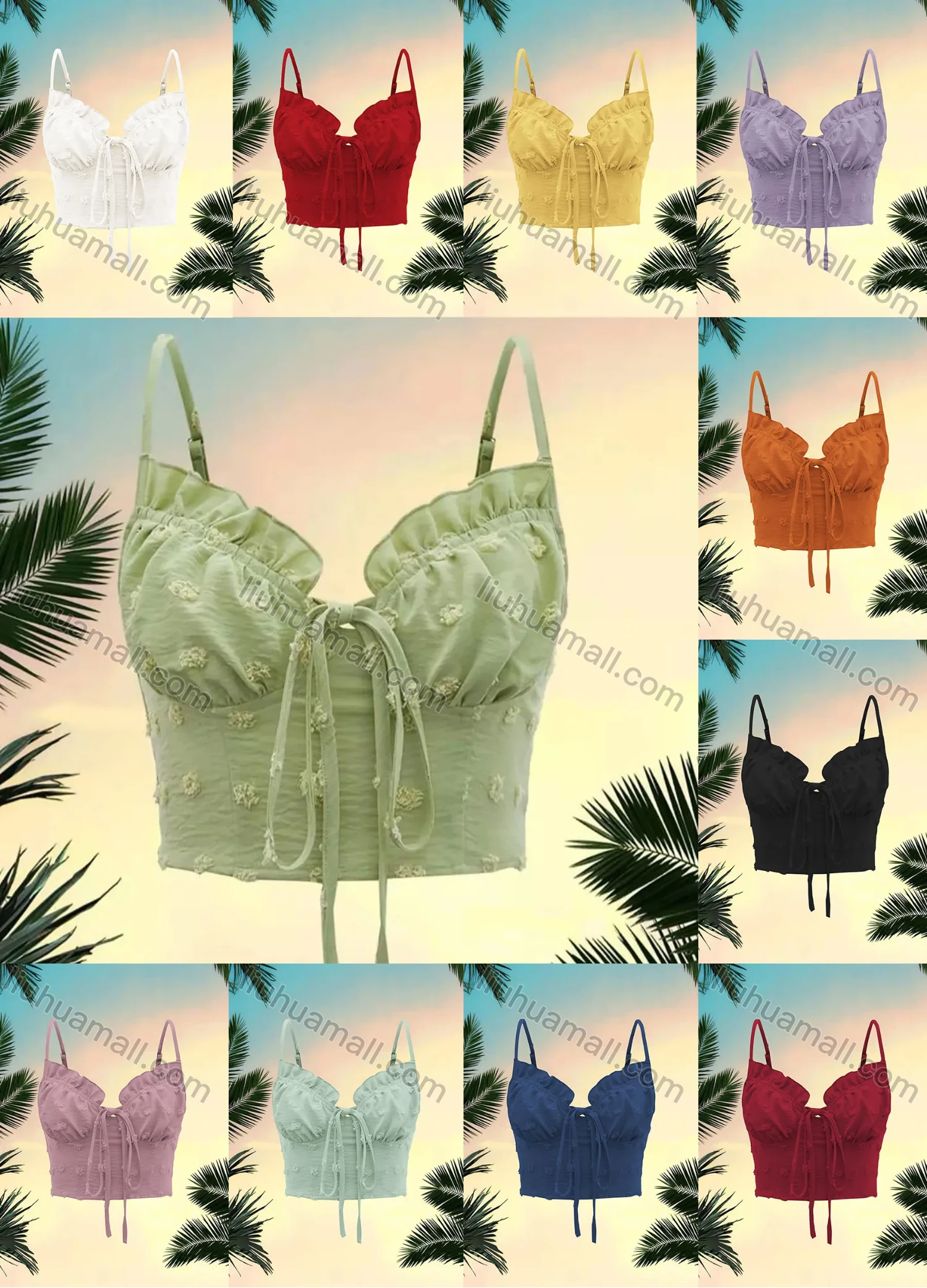 Wholesale Women's Sexy Spaghetti Strap Swiss Dot Print Tie Front Crop Cami Tops AY106# - Liuhuamall
