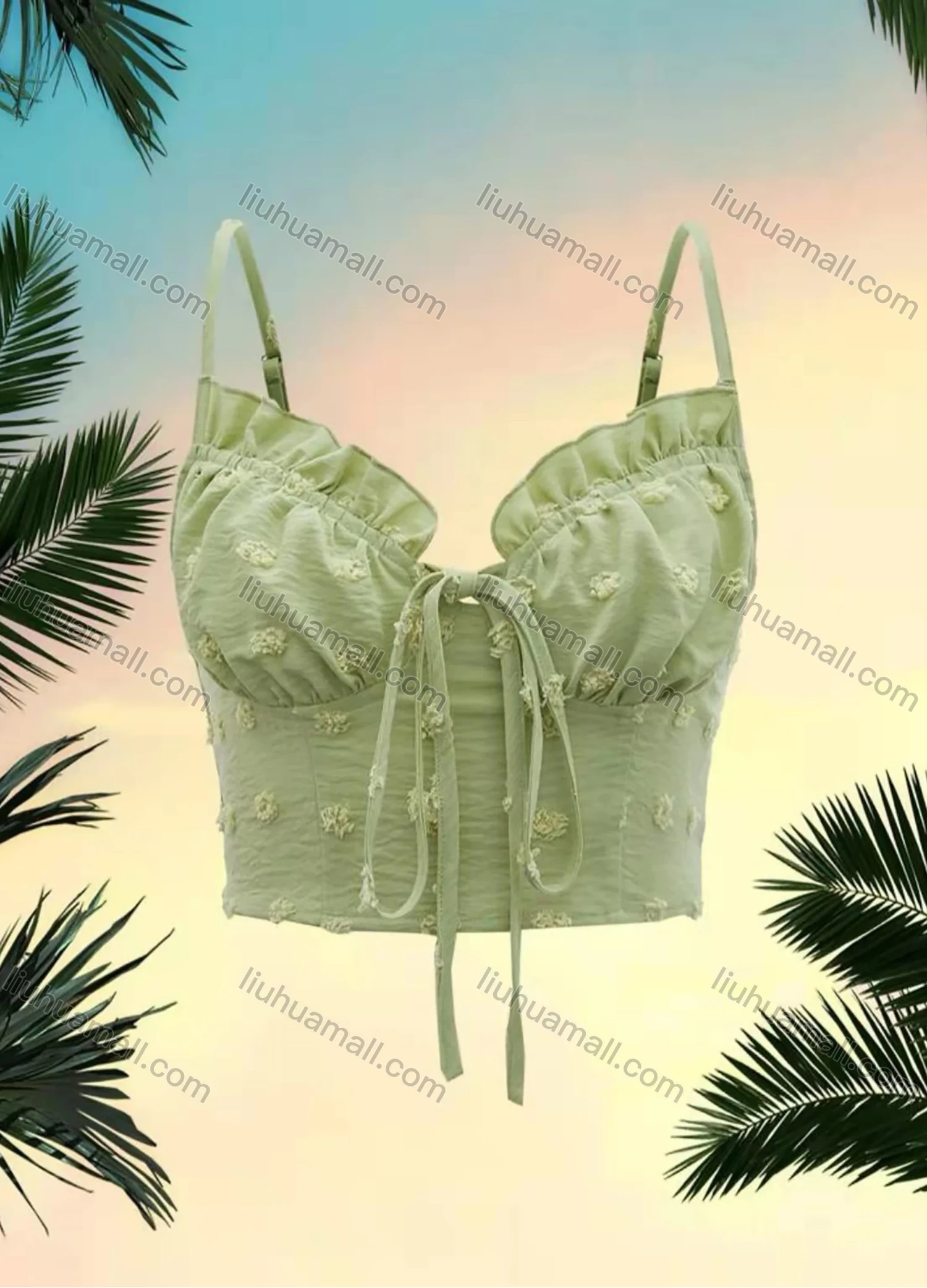 Wholesale Women's Sexy Spaghetti Strap Swiss Dot Print Tie Front Crop Cami Tops AY106# - Liuhuamall