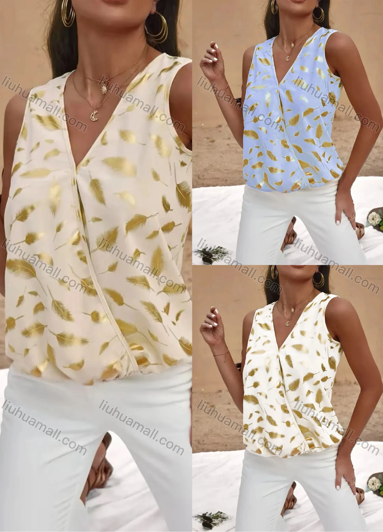 Wholesale Women's Casual Sleeveless Wrap V Neck Bronzed Feather Print Tank Tops AY110# - Liuhuamall