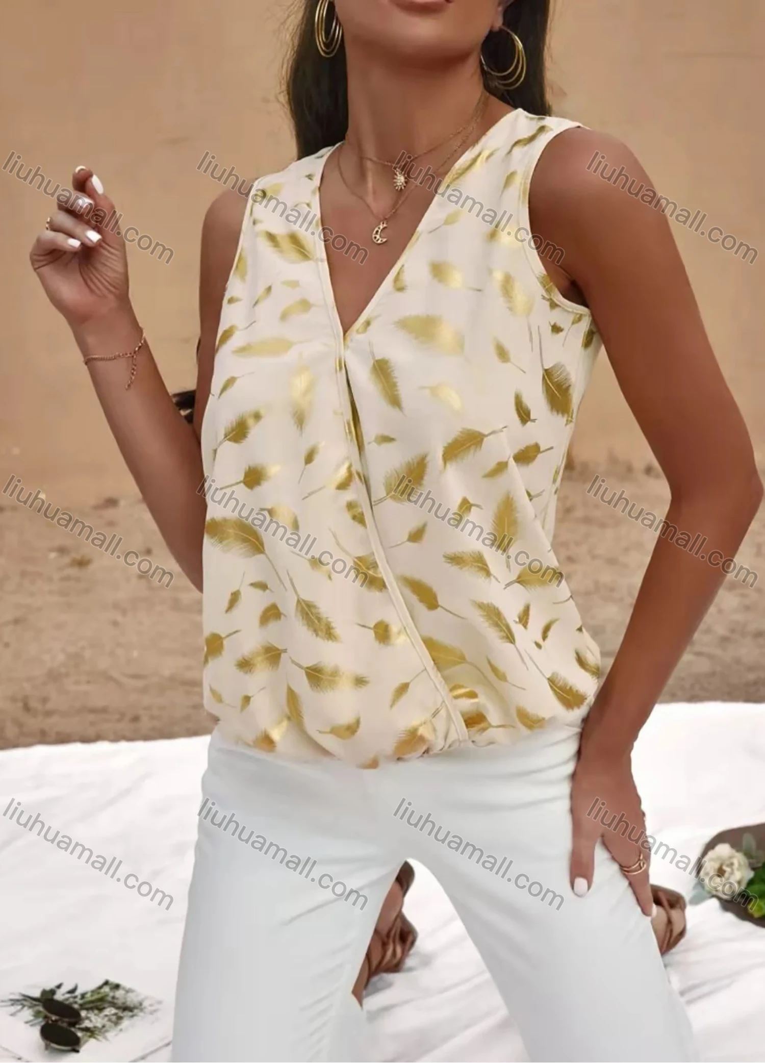 Wholesale Women's Casual Sleeveless Wrap V Neck Bronzed Feather Print Tank Tops AY110# - Liuhuamall