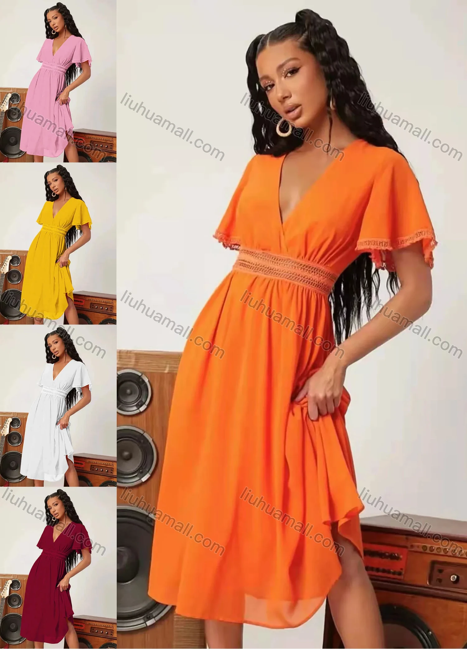 Wholesale Women's Casual Wrap V Neck Butterfly Sleeve Guipure Lace Trim Plain Midi Dress AY111# - Liuhuamall