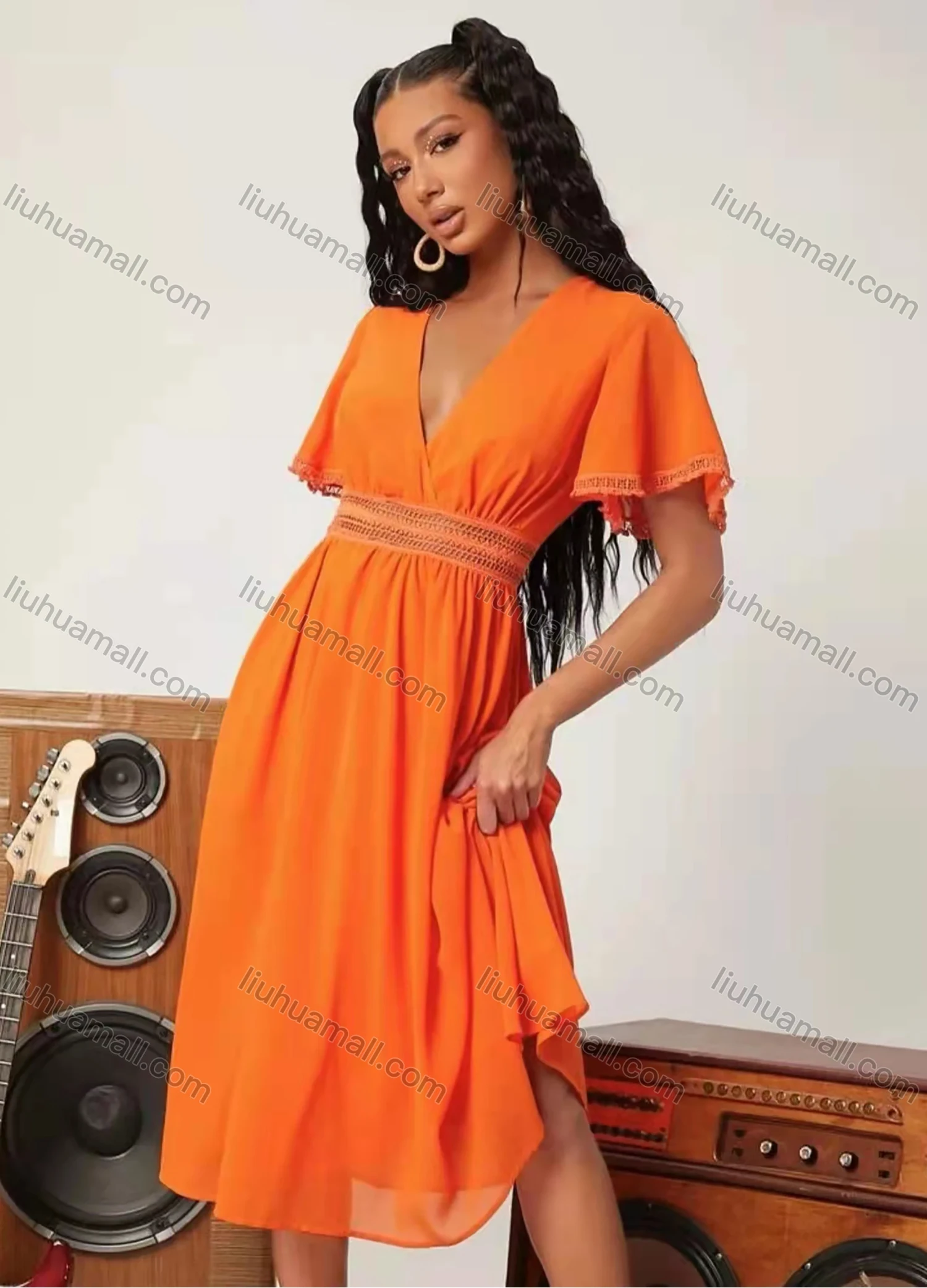 Wholesale Women's Casual Wrap V Neck Butterfly Sleeve Guipure Lace Trim Plain Midi Dress AY111# - Liuhuamall