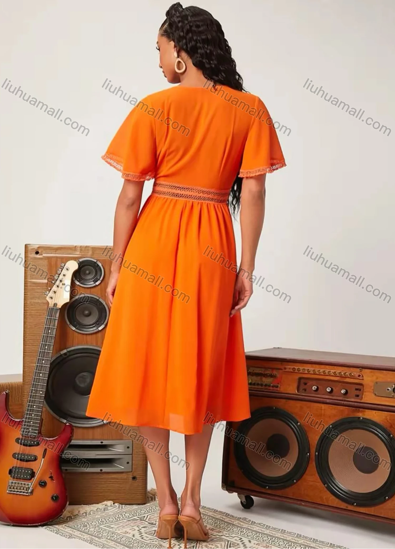 Wholesale Women's Casual Wrap V Neck Butterfly Sleeve Guipure Lace Trim Plain Midi Dress AY111# - Liuhuamall