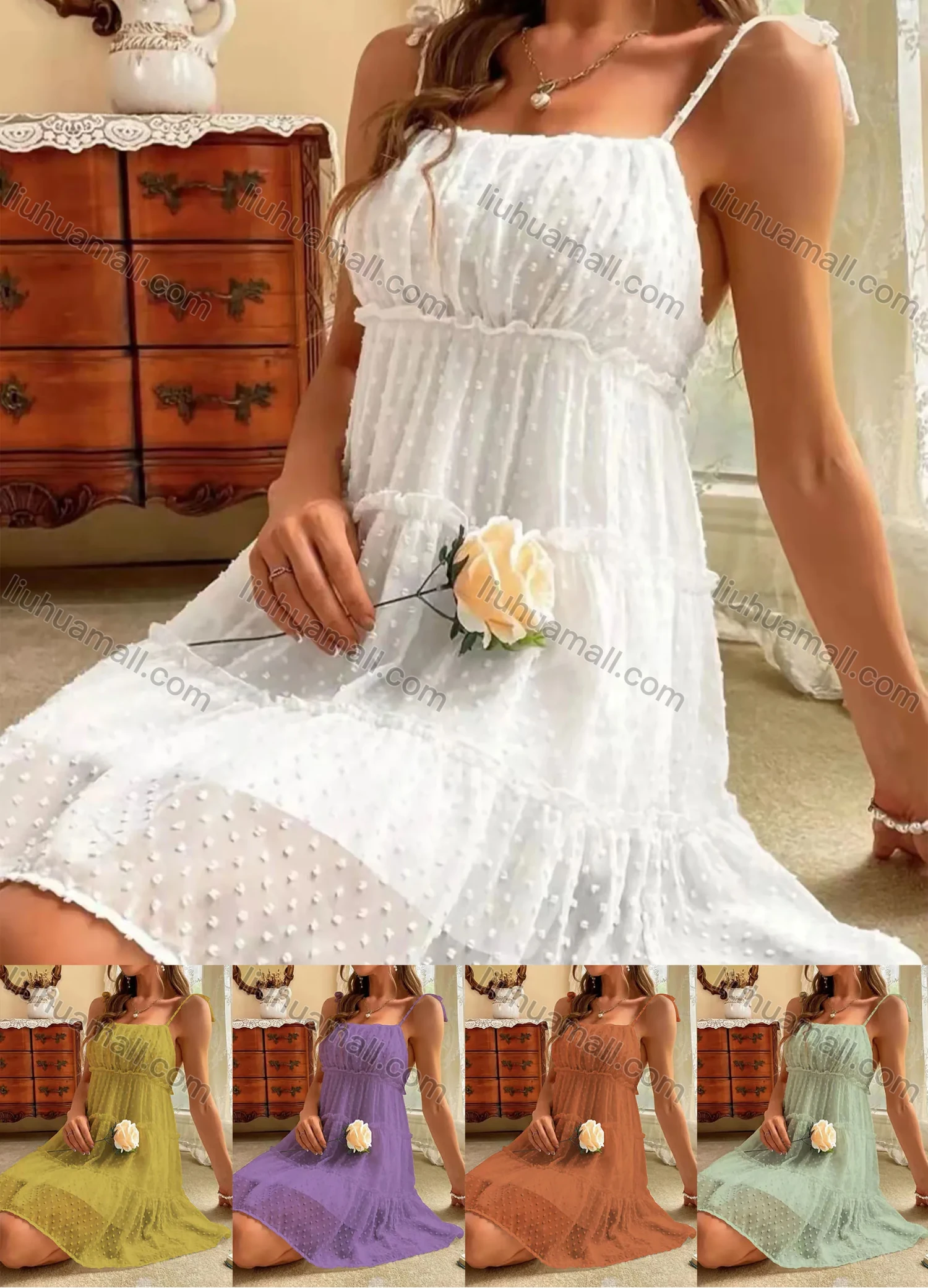 Wholesale Women's Casual Spaghetti Strap Swiss Dot Print Backless Ruffle Trim Cami Dress AY112# - Liuhuamall