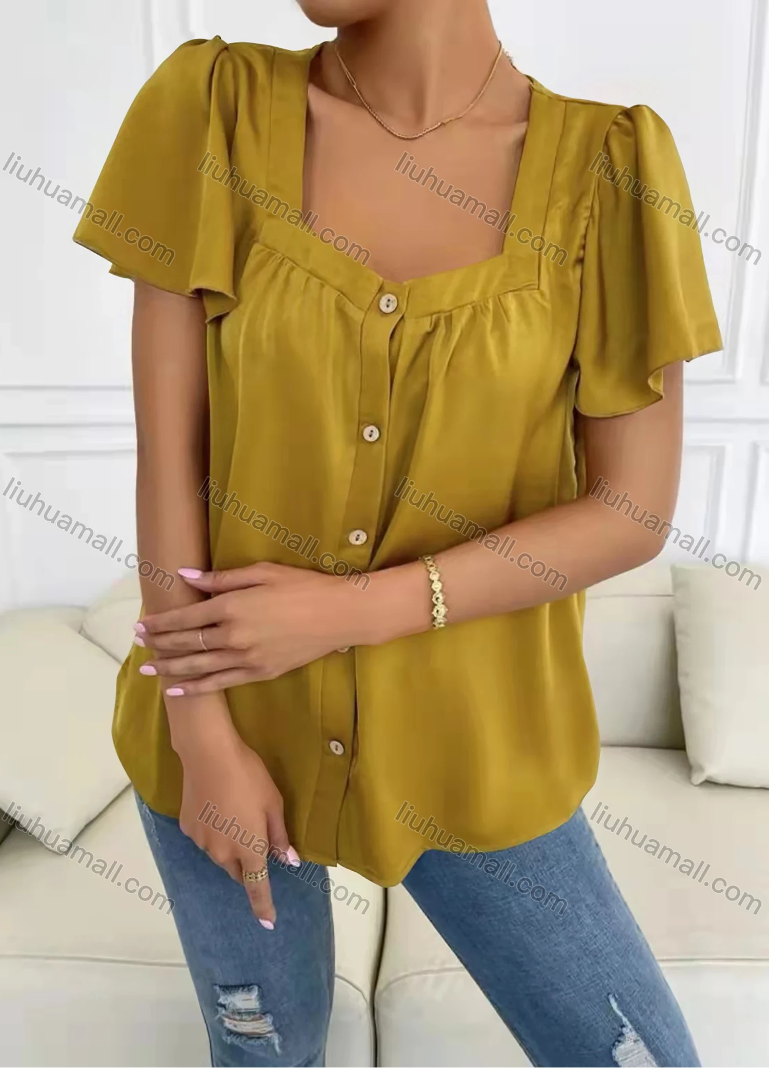 Wholesale Women's Casual Square Neck Butterfly Sleeve Button Down Plain Tops AY114# - Liuhuamall