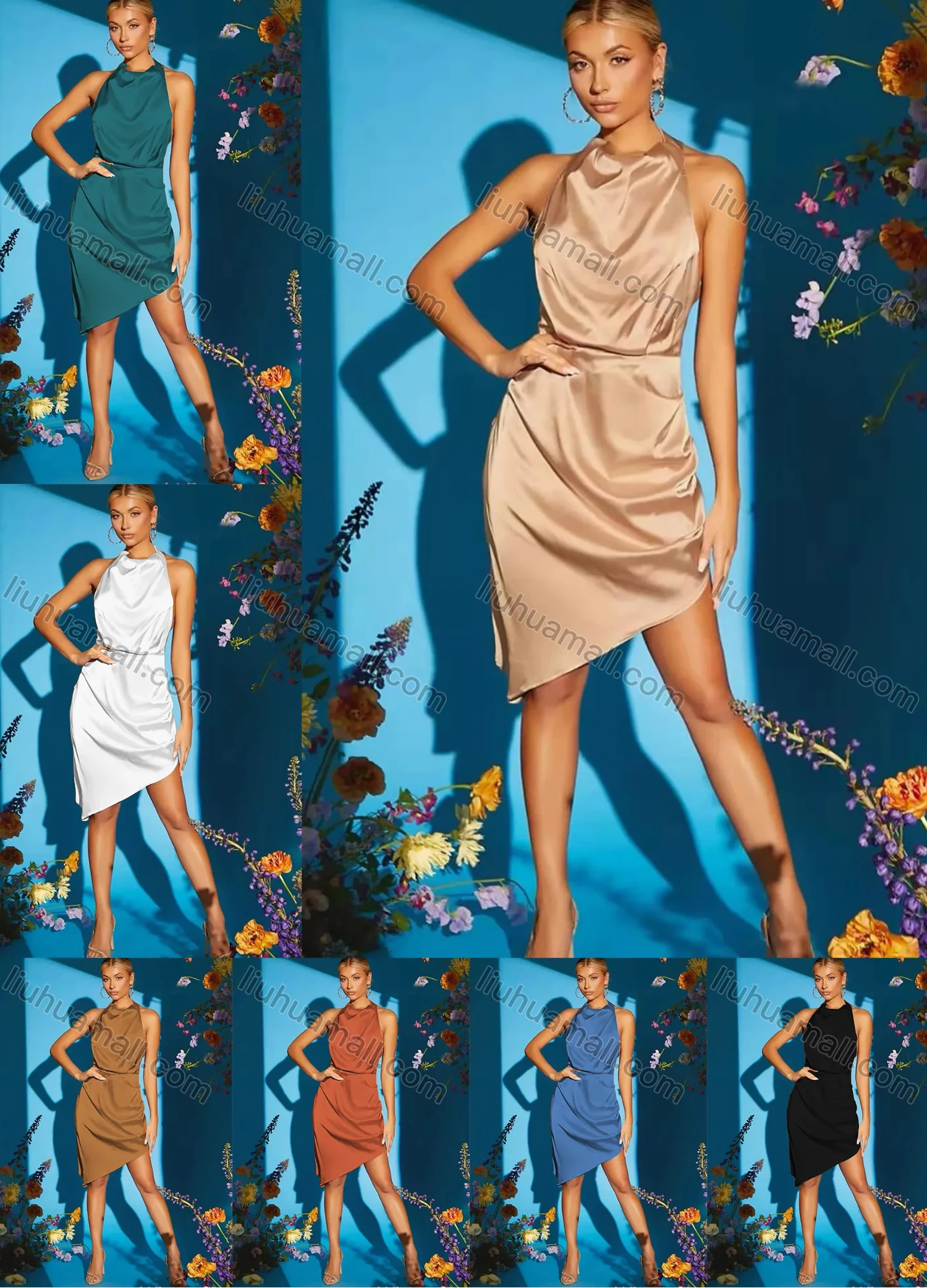 Wholesale Women's Sexy Sleeveless Halter Backless Asymmetrical Hem Satin Cocktail Dress AY115# - Liuhuamall