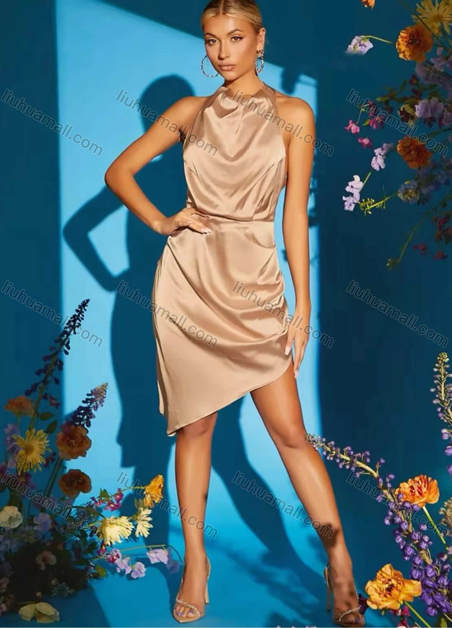 Wholesale Women's Sexy Sleeveless Halter Backless Asymmetrical Hem Satin Cocktail Dress AY115# - Liuhuamall