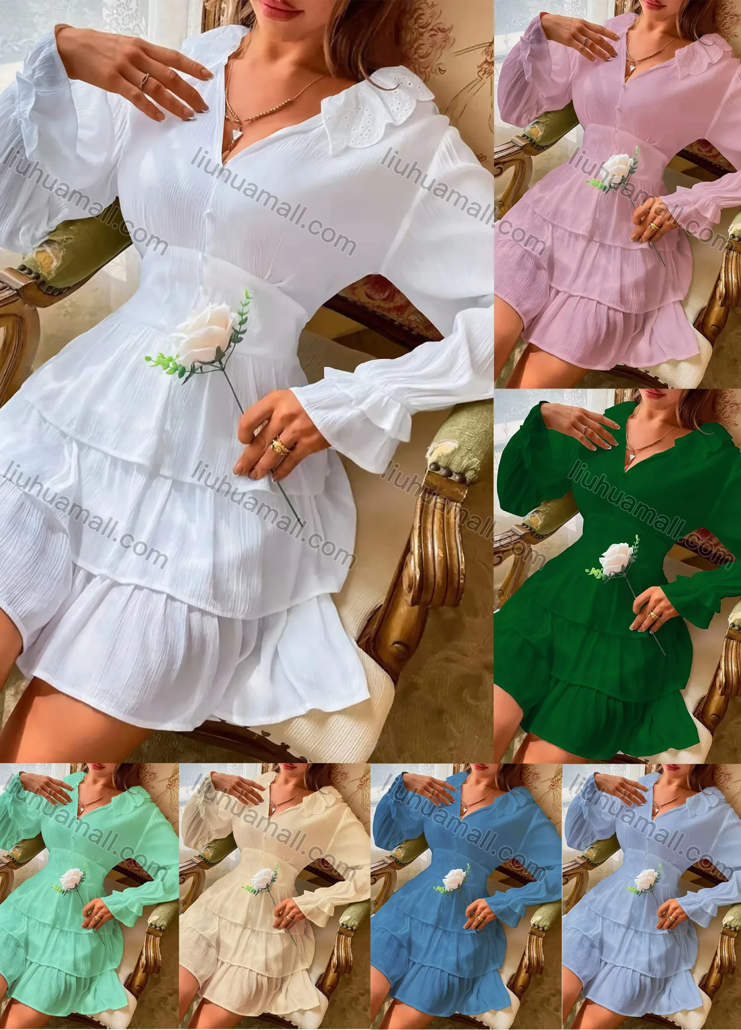 Wholesale Women's Casual V Neck Poet Sleeve Eyelet Embroidered Trim Layered Hem Short Dress AY116# - Liuhuamall