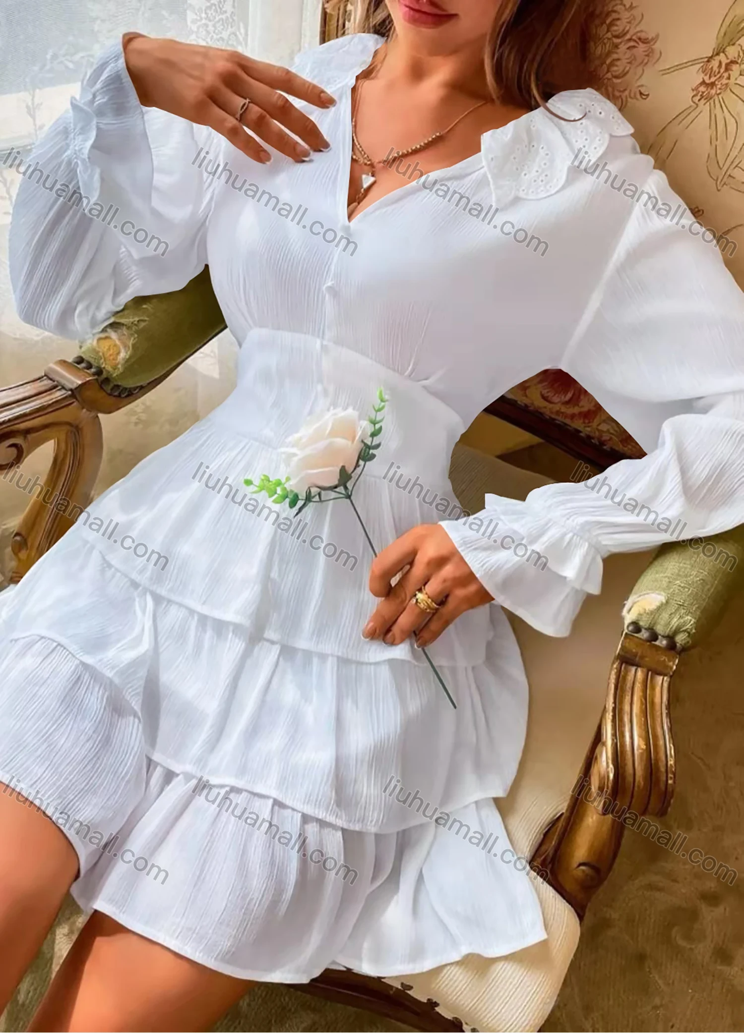 Wholesale Women's Casual V Neck Poet Sleeve Eyelet Embroidered Trim Layered Hem Short Dress AY116# - Liuhuamall
