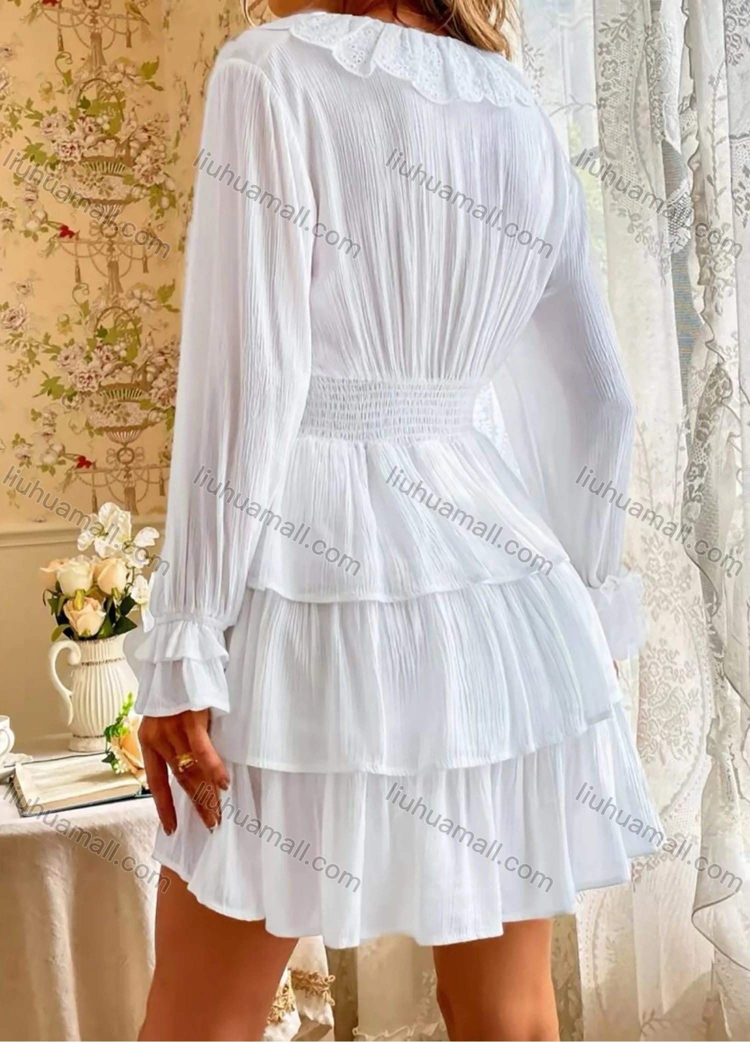 Wholesale Women's Casual V Neck Poet Sleeve Eyelet Embroidered Trim Layered Hem Short Dress AY116# - Liuhuamall